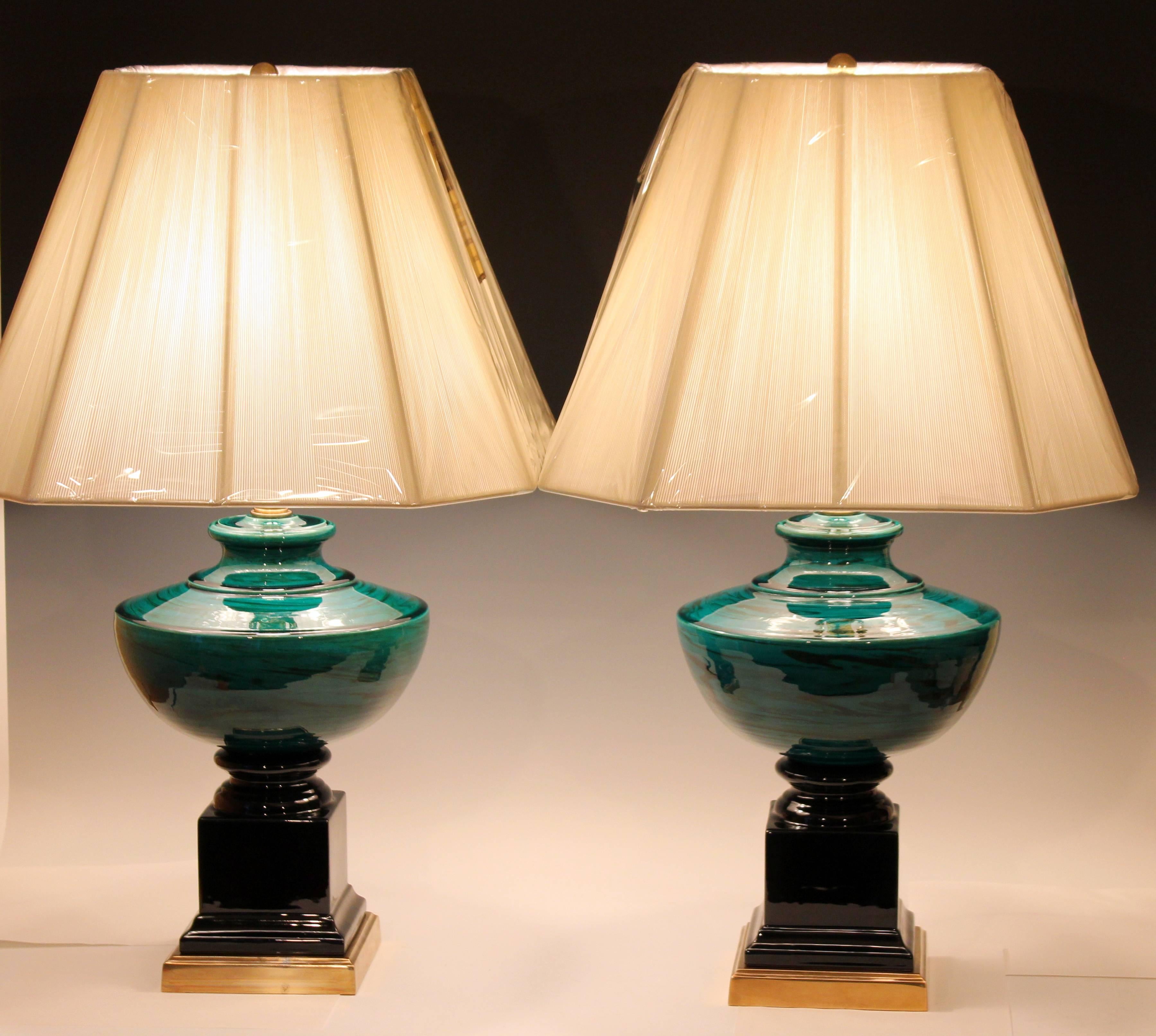 Pair of Vintage Bitossi Ceramic Italian Green Marbleized Malachite Pottery Lamps For Sale 4