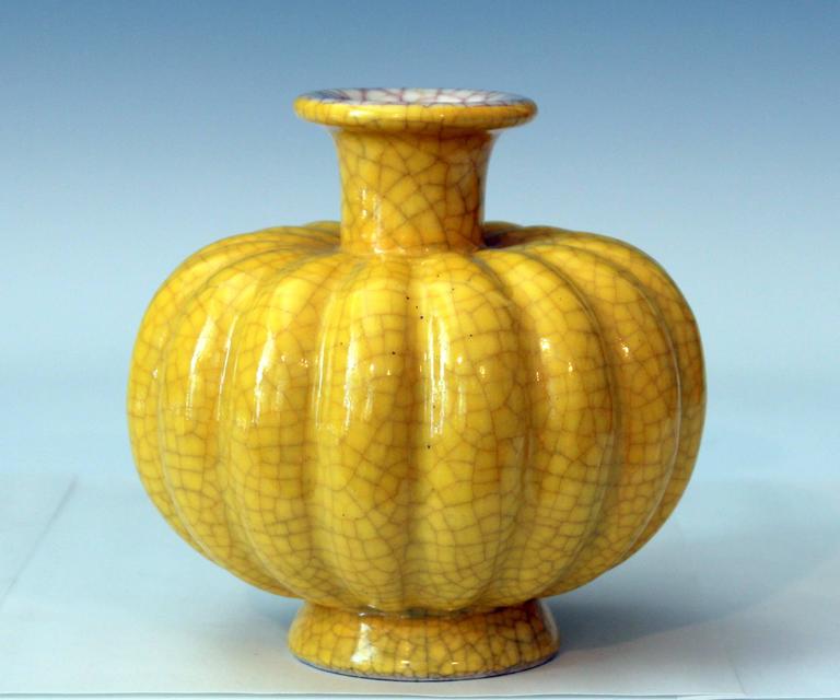 Antique Japanese Studio Pottery Yellow Crackle Glaze Lobed Melon Form