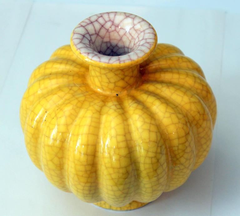 Antique Japanese Studio Pottery Yellow Crackle Glaze Lobed Melon Form