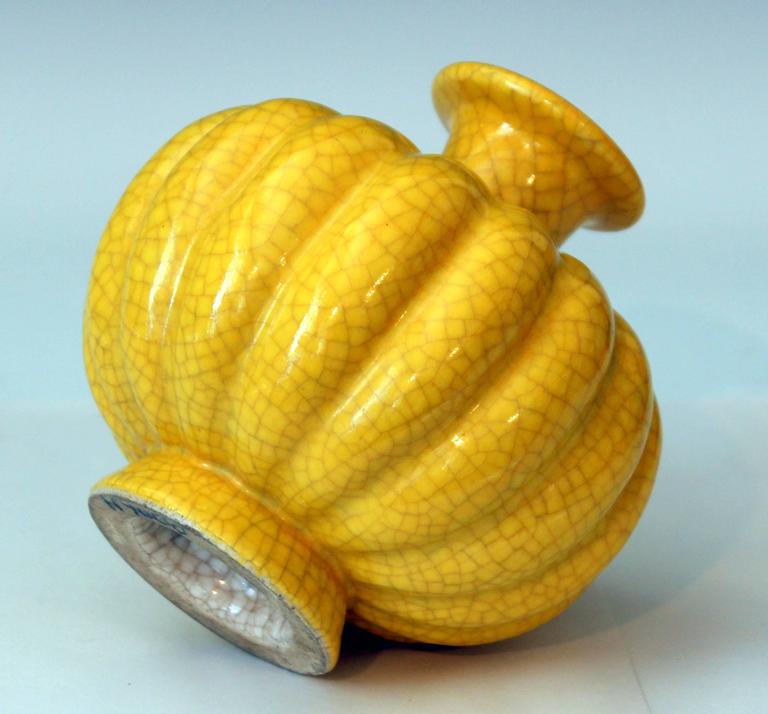 Antique Japanese Studio Pottery Yellow Crackle Glaze Lobed Melon Form