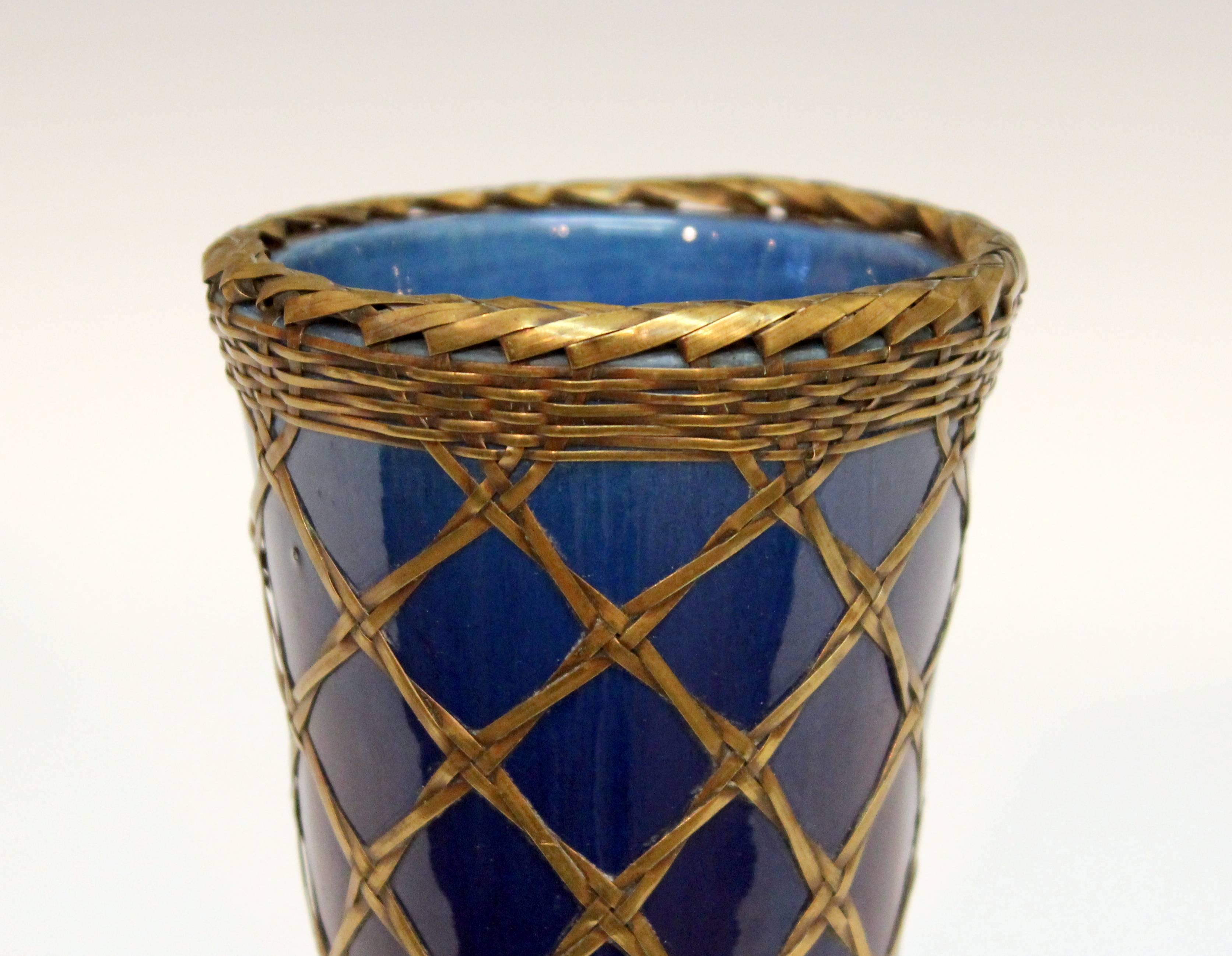 Turned Antique Awaji Pottery Vase with Brass Weaving For Sale