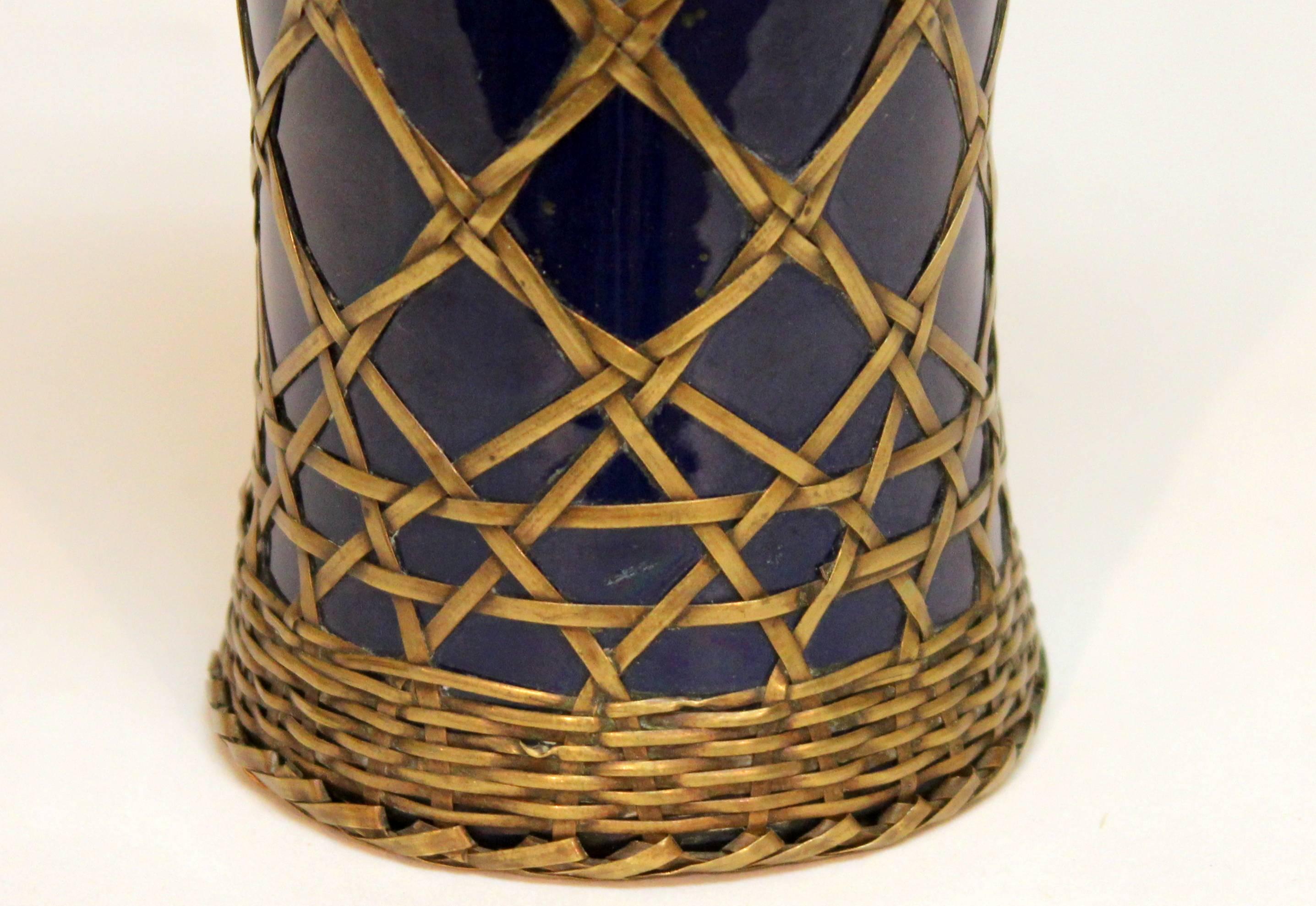Antique Awaji Pottery Vase with Brass Weaving In Excellent Condition For Sale In Wilton, CT