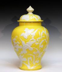 Large Antique Japanese Carved Studio Porcelain Yellow Covered Urn Vase