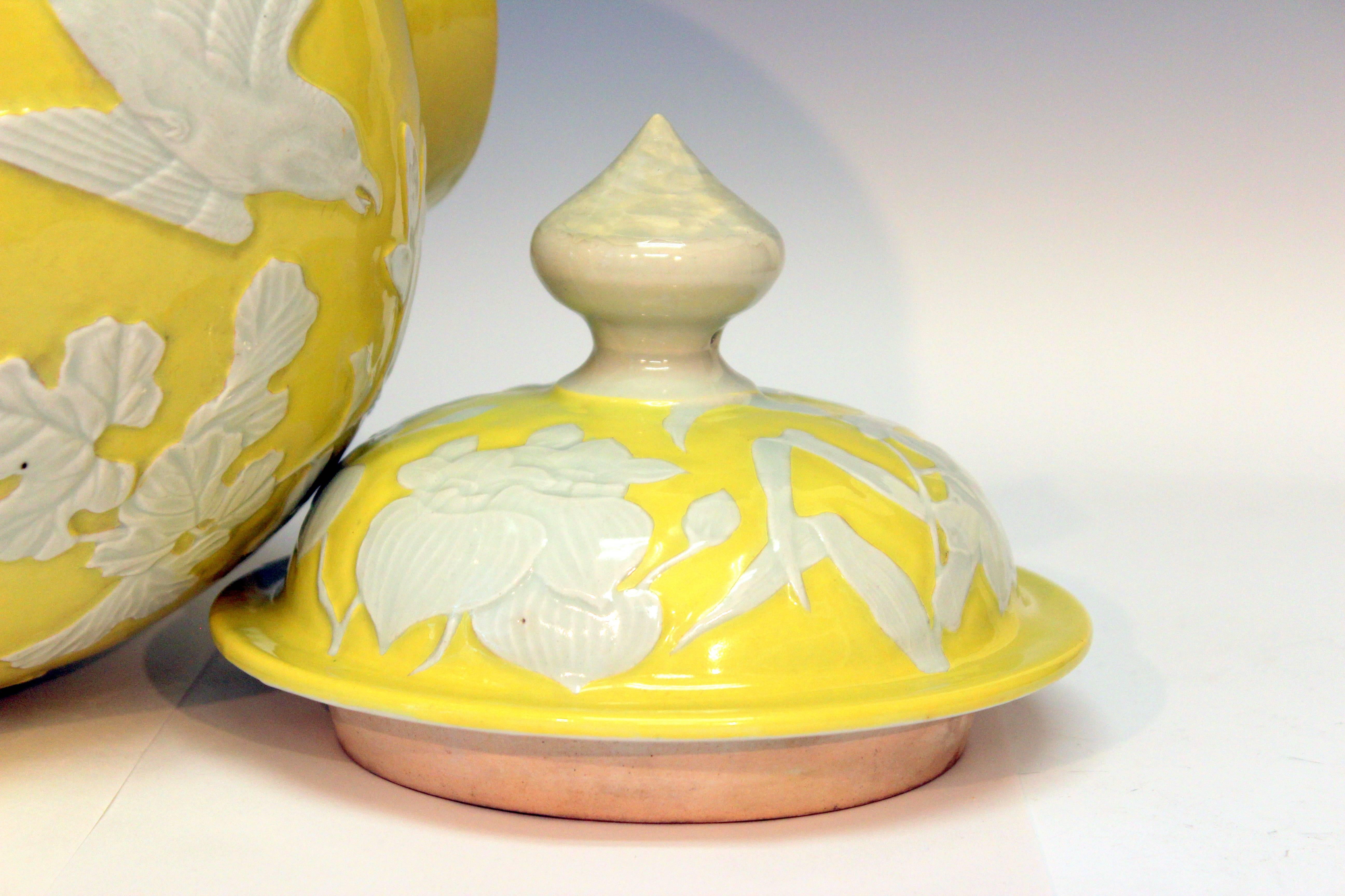 Anglo-Japanese Large Antique Japanese Carved Studio Porcelain Yellow Covered Urn Vase For Sale