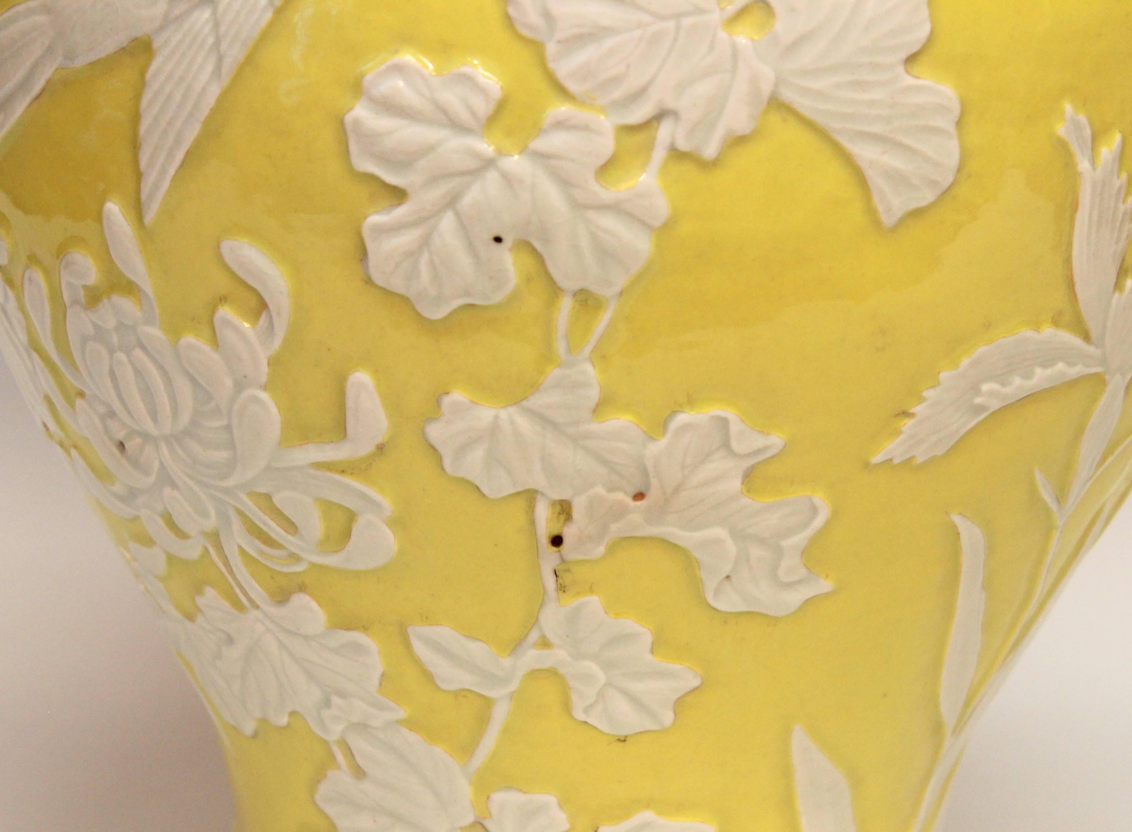 Early 20th Century Large Antique Japanese Carved Studio Porcelain Yellow Covered Urn Vase For Sale
