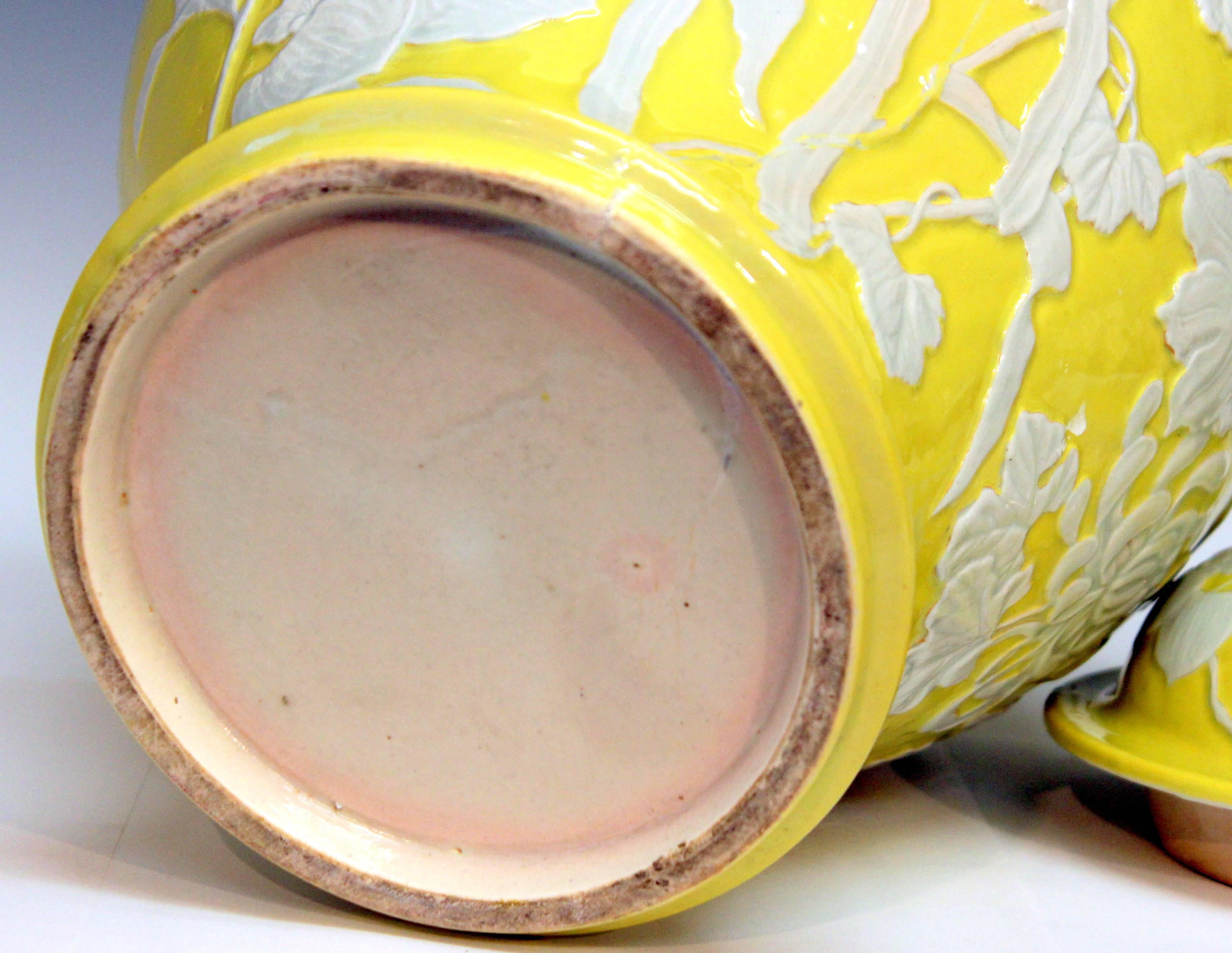 Large Antique Japanese Carved Studio Porcelain Yellow Covered Urn Vase For Sale 1