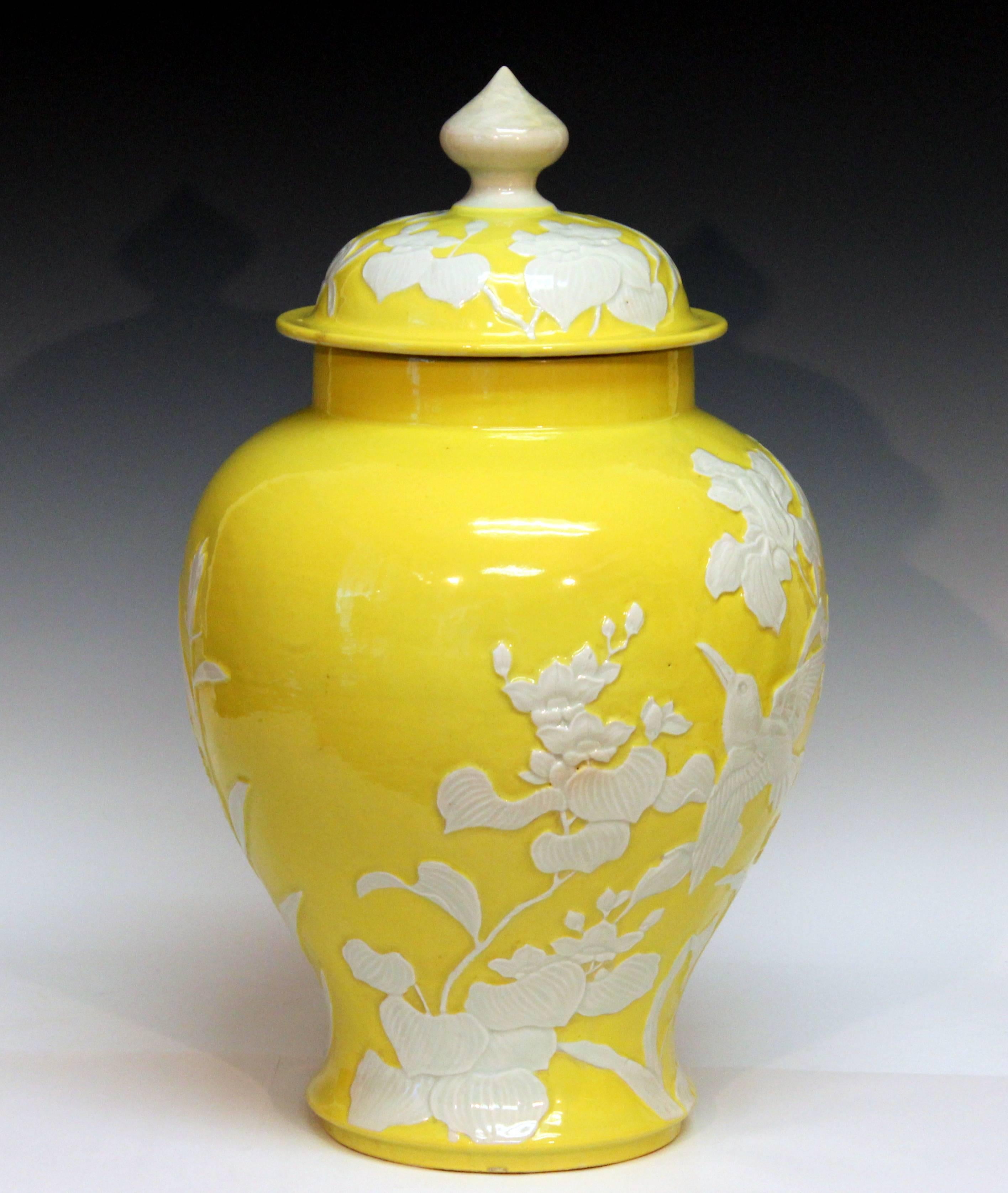 Large Antique Japanese Carved Studio Porcelain Yellow Covered Urn Vase For Sale 2