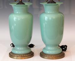 Pair of Vintage Paul Hanson Sage Green Celadon Glass Brass Lamps