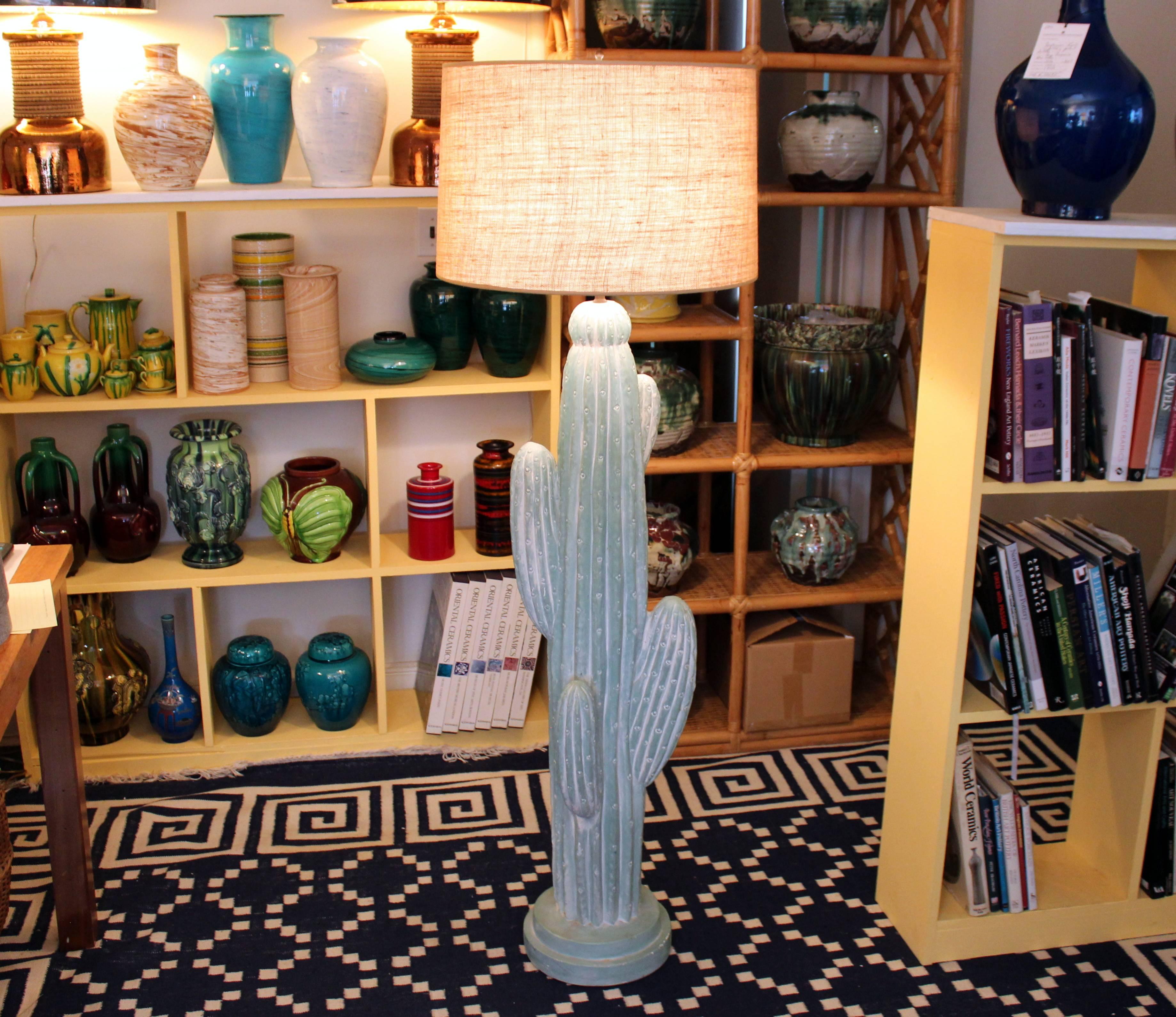 Late 20th Century Vintage Large Painted Plaster Cactus Floor Lamp Desert Art Folk Sculpture