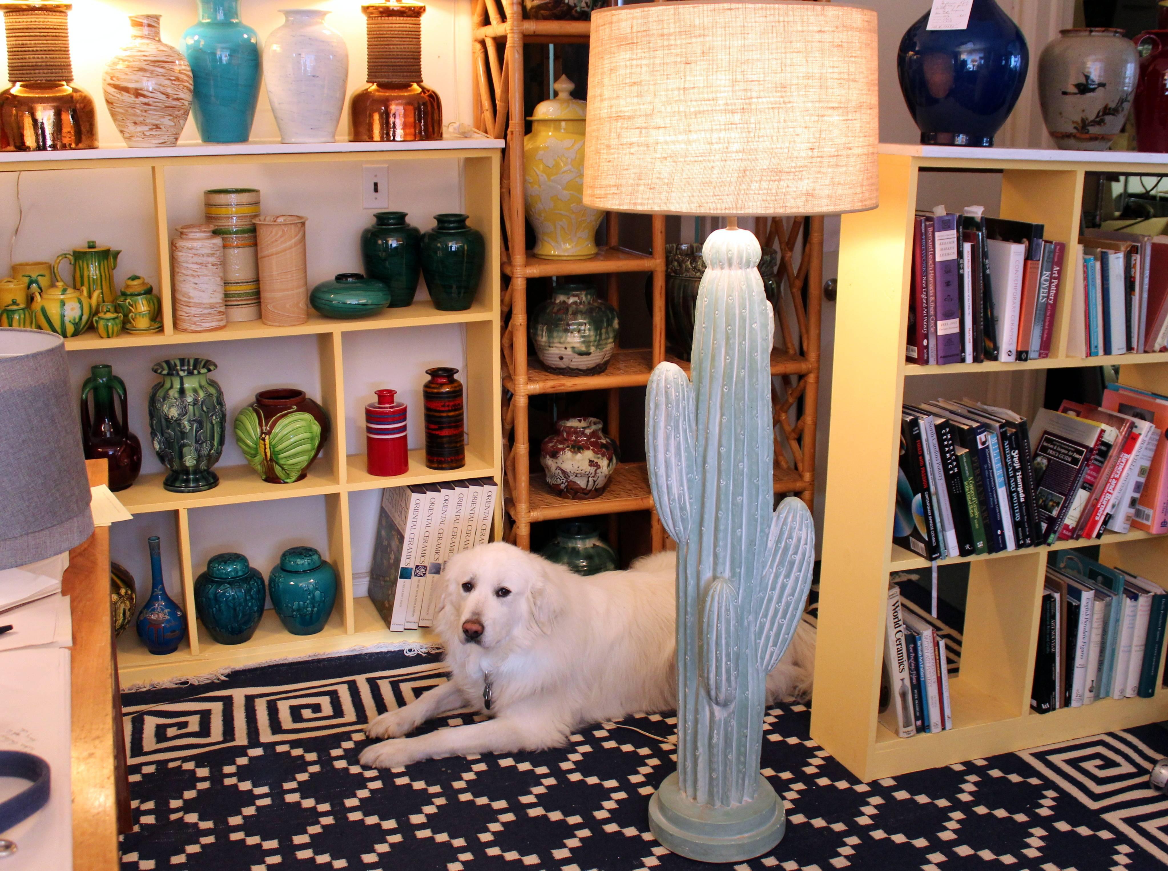 Vintage Large Painted Plaster Cactus Floor Lamp Desert Art Folk Sculpture 1