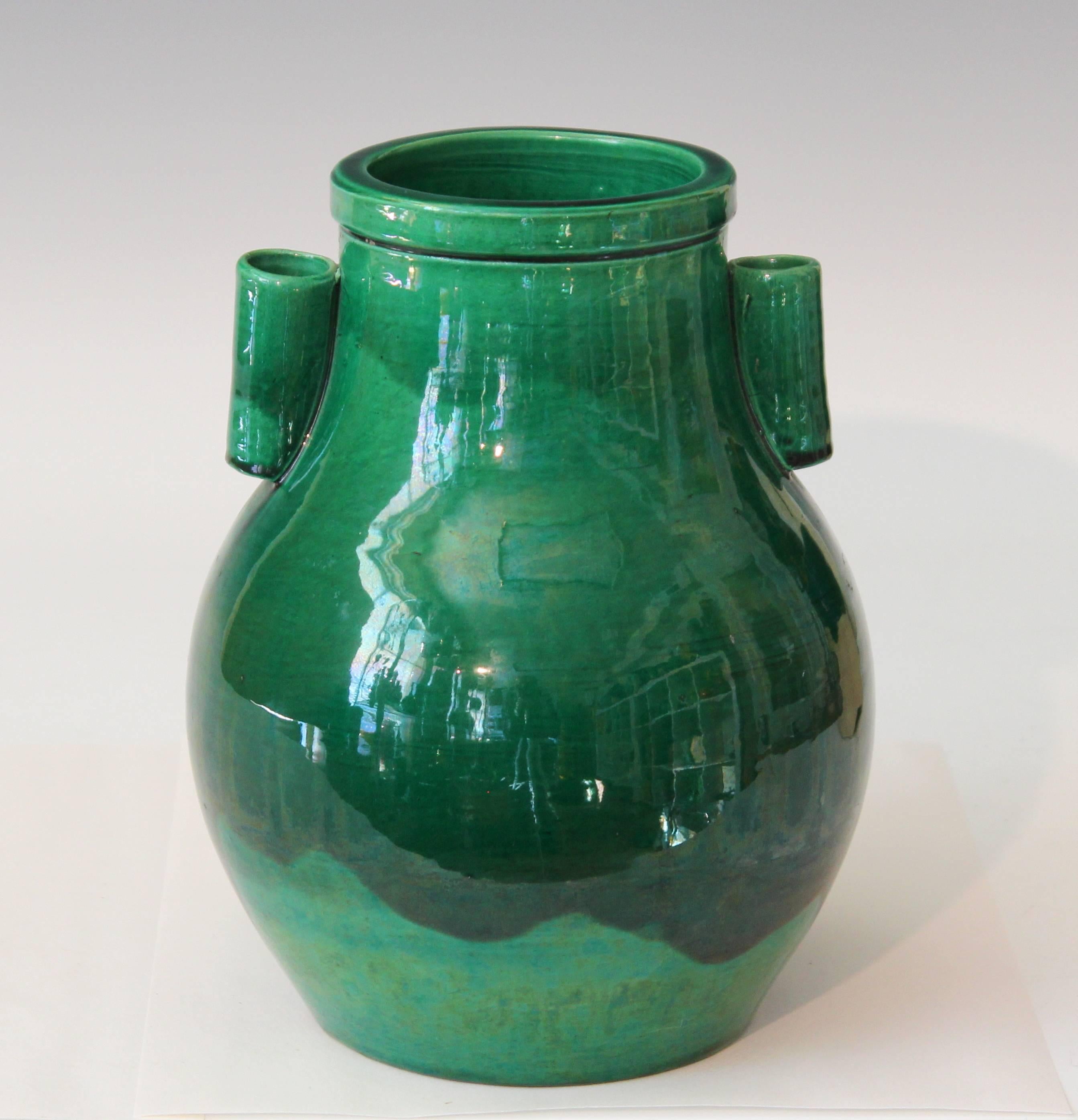 Early 20th Century Awaji Pottery Green Monochrome Hu Form 