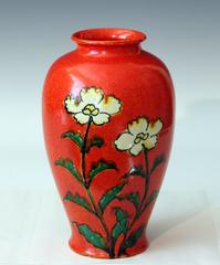 Awaji Pottery Chromium Orange Glaze Art Deco Flower Vase Hibiscus
