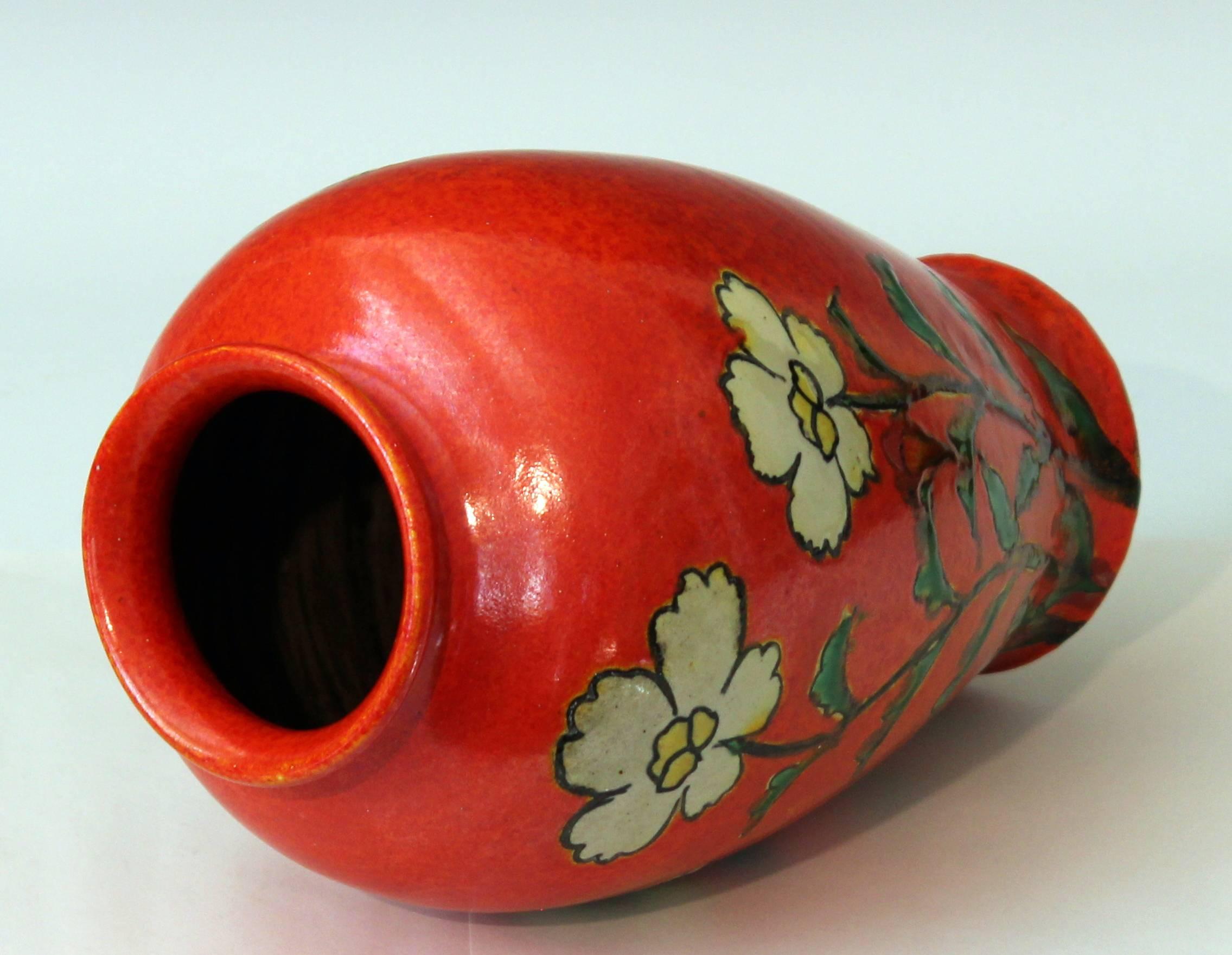 Turned Awaji Pottery Chromium Orange Glaze Art Deco Flower Vase Hibiscus