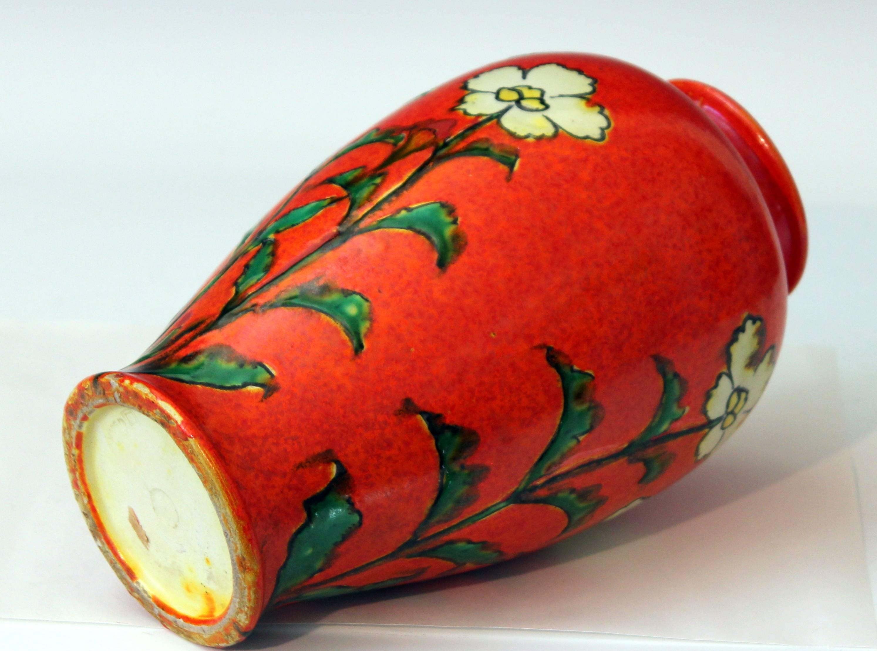 Awaji Pottery Chromium Orange Glaze Art Deco Flower Vase Hibiscus In Excellent Condition In Wilton, CT