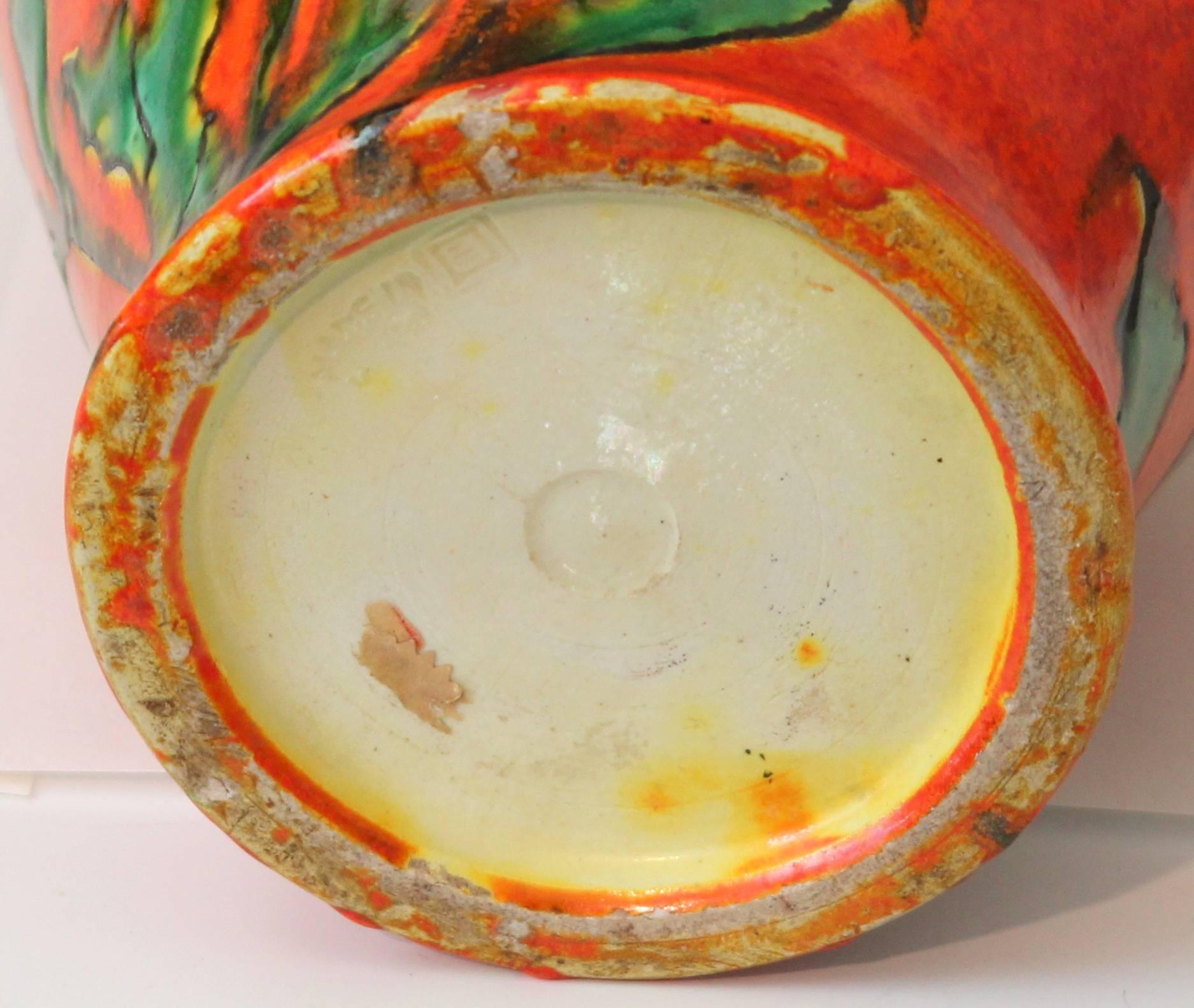 Mid-20th Century Awaji Pottery Chromium Orange Glaze Art Deco Flower Vase Hibiscus