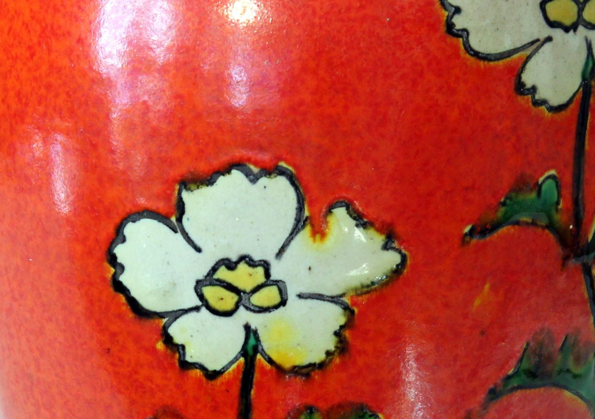 Awaji Pottery Chromium Orange Glaze Art Deco Flower Vase Hibiscus 1