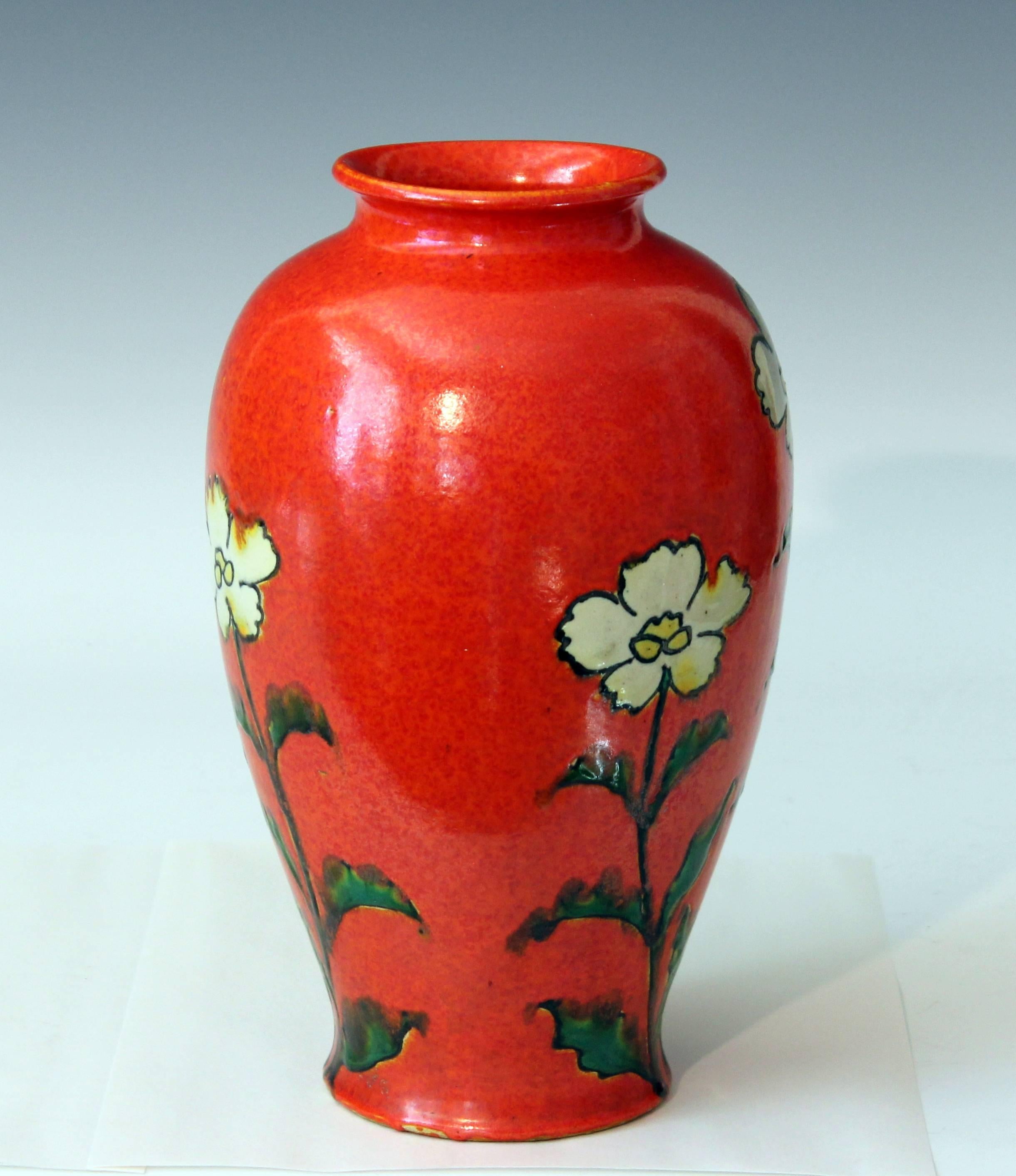 Japanese Awaji Pottery Chromium Orange Glaze Art Deco Flower Vase Hibiscus
