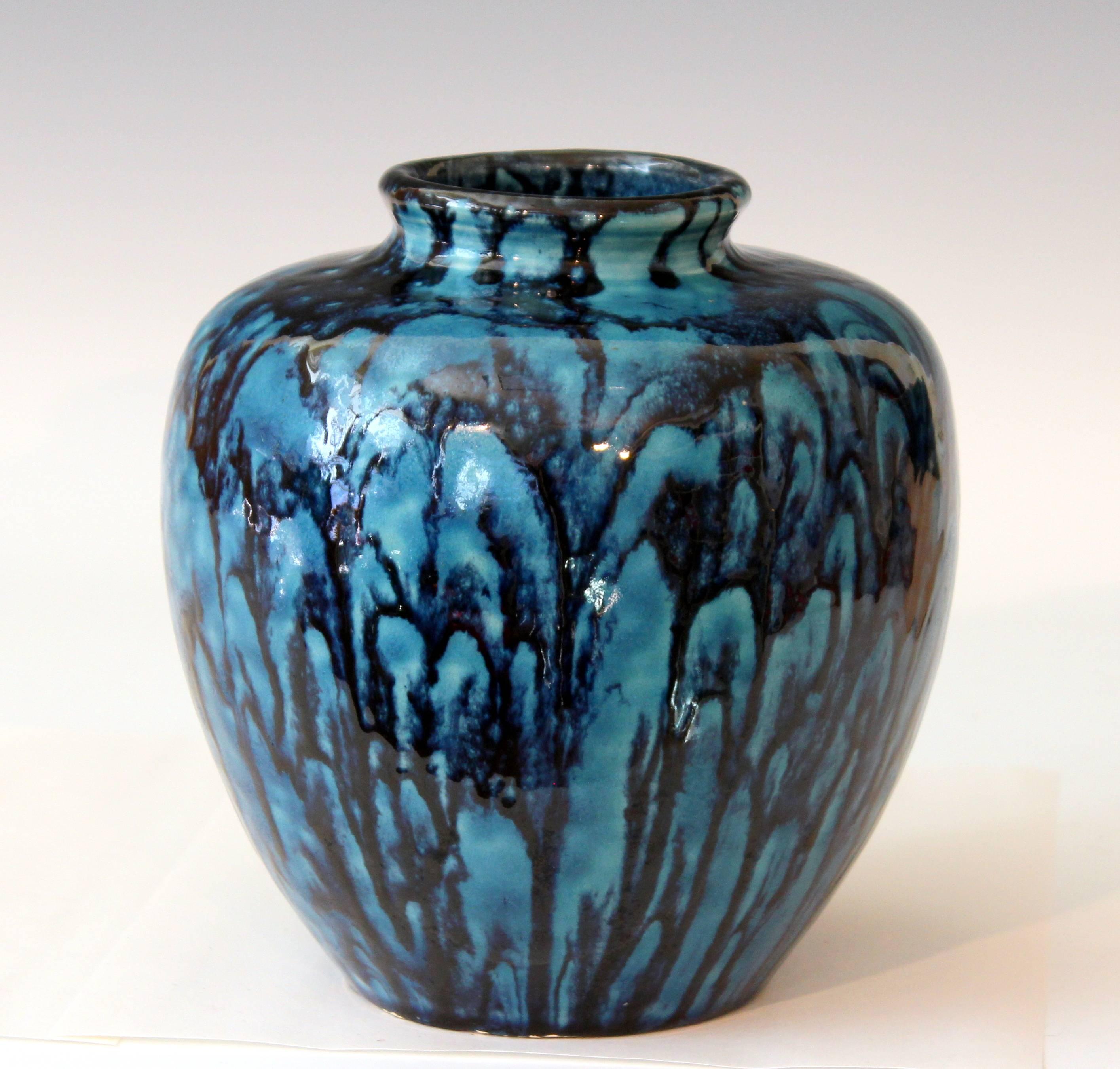 Japanese Awaji Pottery Turquoise and Blue Art Deco Flambe Drip Ginger Jar Vase