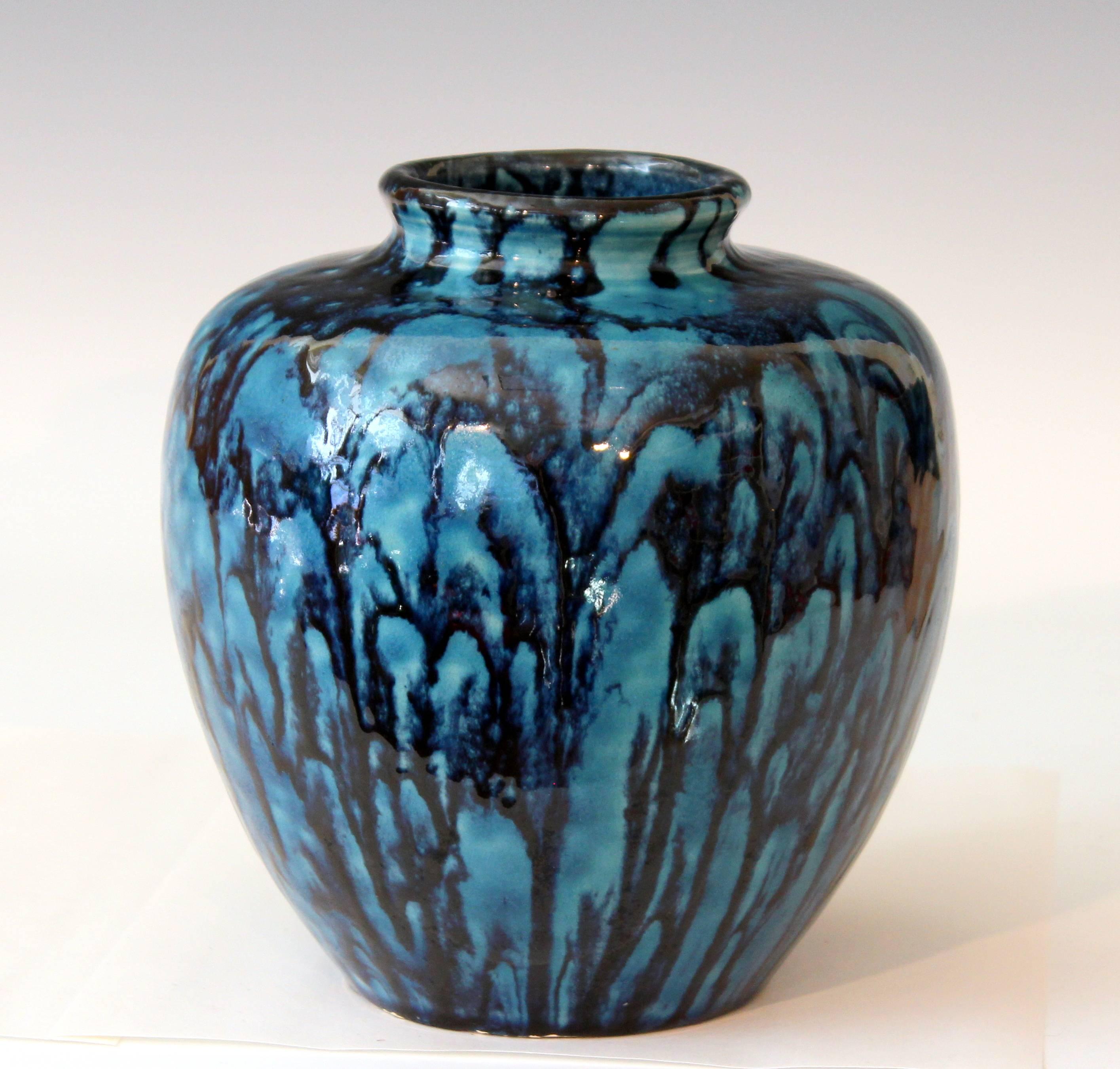 Japanese Awaji Pottery Turquoise and Blue Art Deco Flambe Drip Ginger Jar Vase