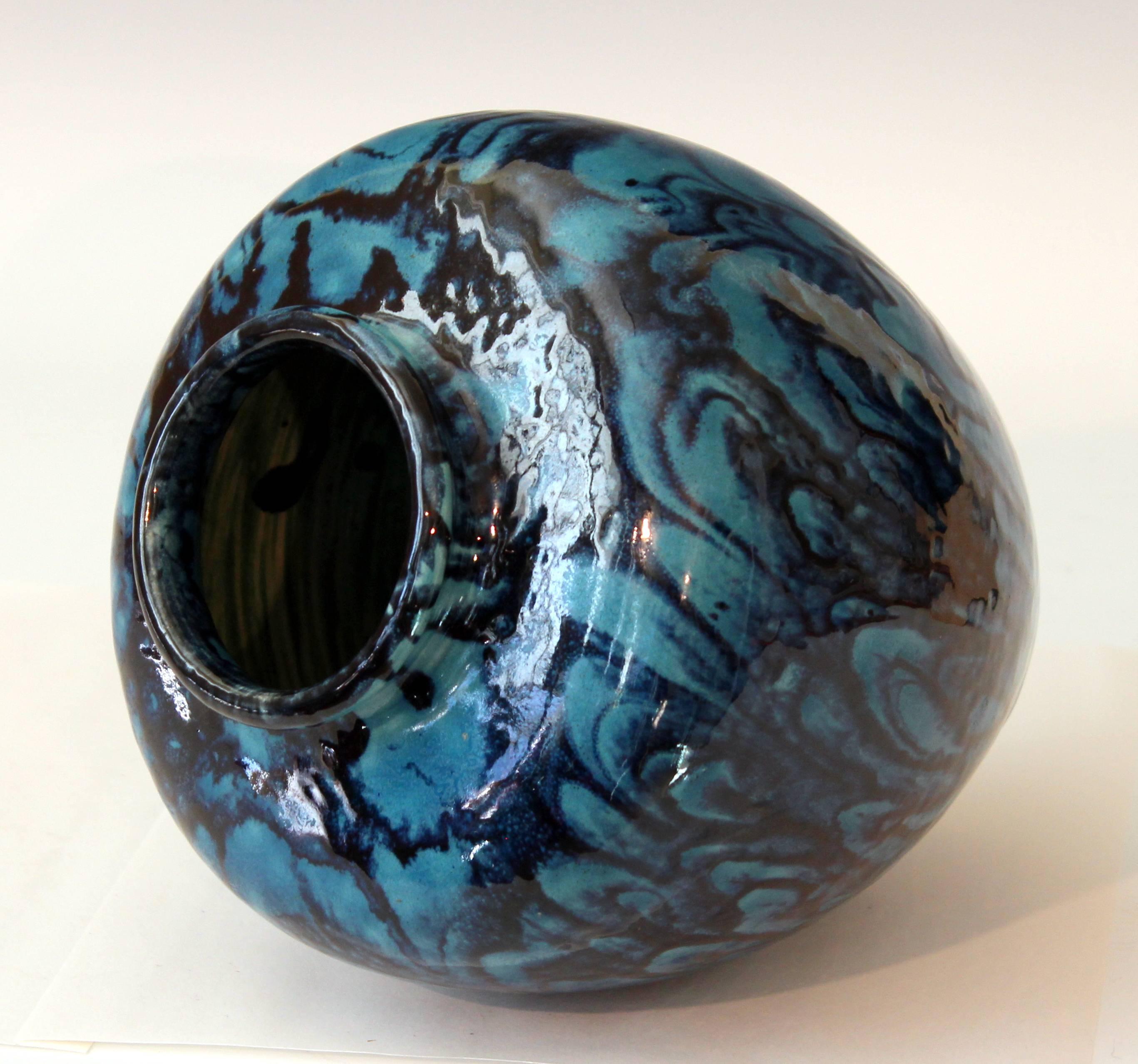 Turned Awaji Pottery Turquoise and Blue Art Deco Flambe Drip Ginger Jar Vase
