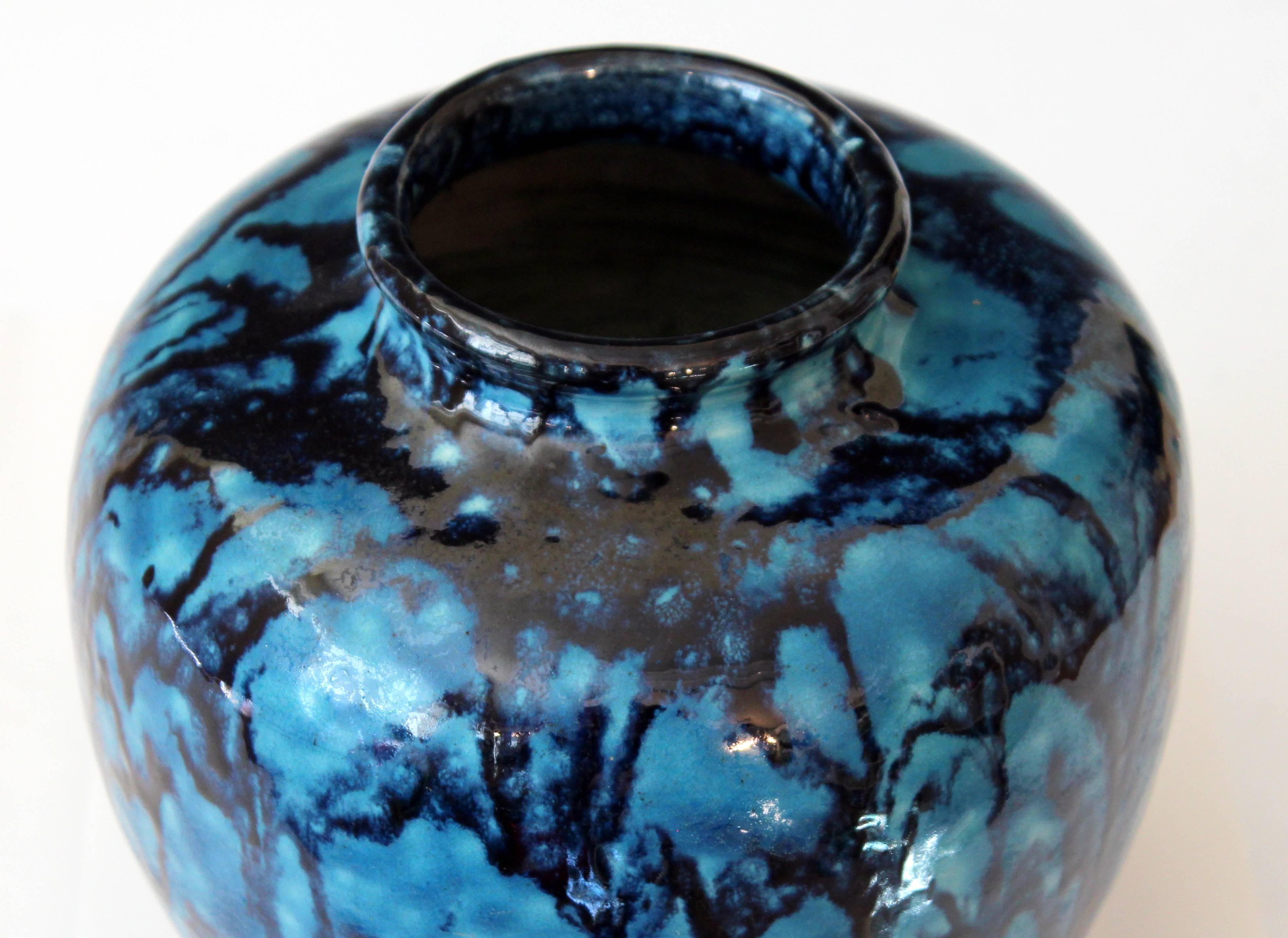 Awaji Pottery Turquoise and Blue Art Deco Flambe Drip Ginger Jar Vase 1