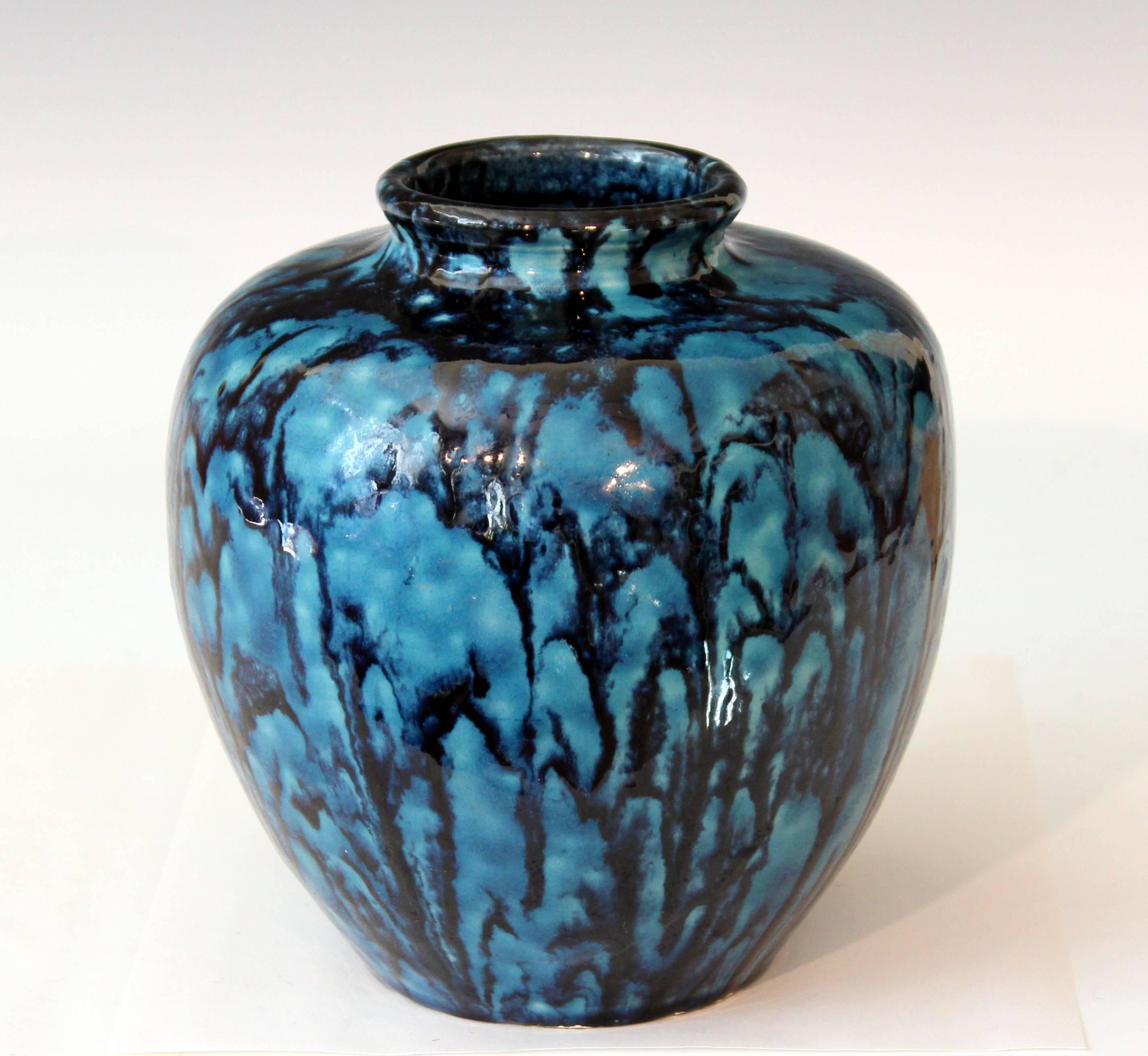 Awaji Pottery Turquoise and Blue Art Deco Flambe Drip Ginger Jar Vase 2
