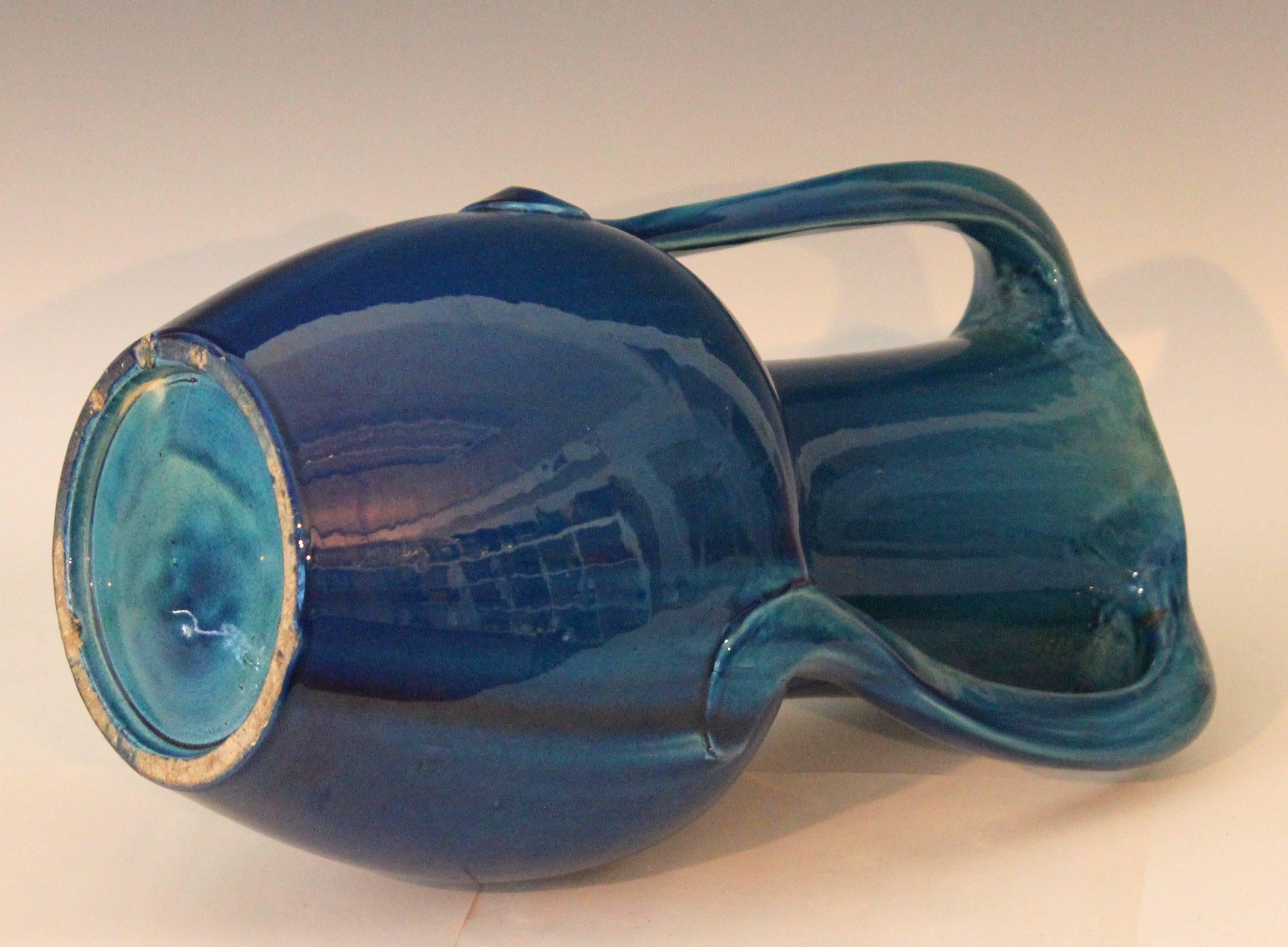 Japanese Large Kyoto Pottery Antique Art Nouveau S Handled Blue Monochrome Vase