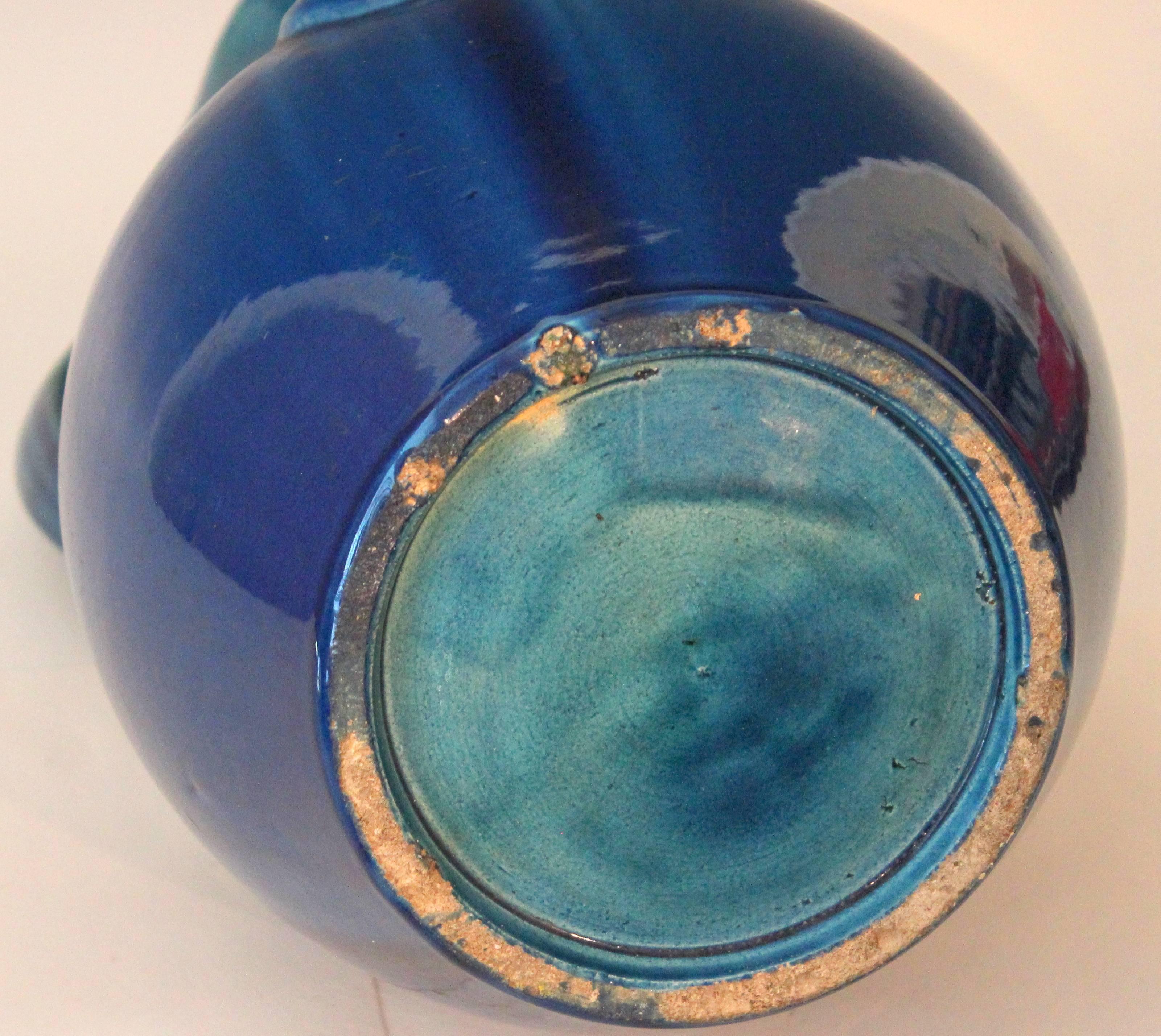 Turned Large Kyoto Pottery Antique Art Nouveau S Handled Blue Monochrome Vase