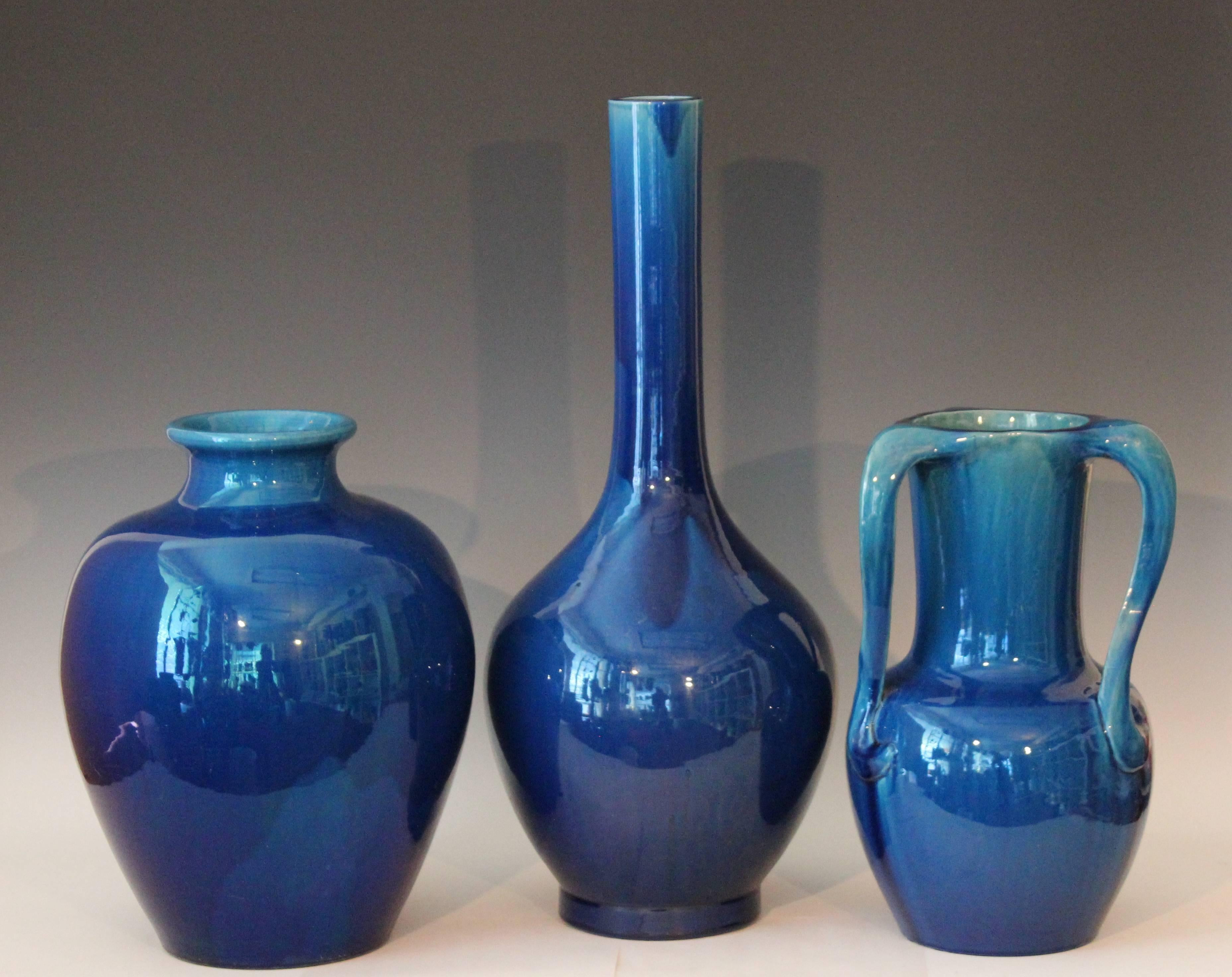 Early 20th Century Large Kyoto Pottery Antique Art Nouveau S Handled Blue Monochrome Vase