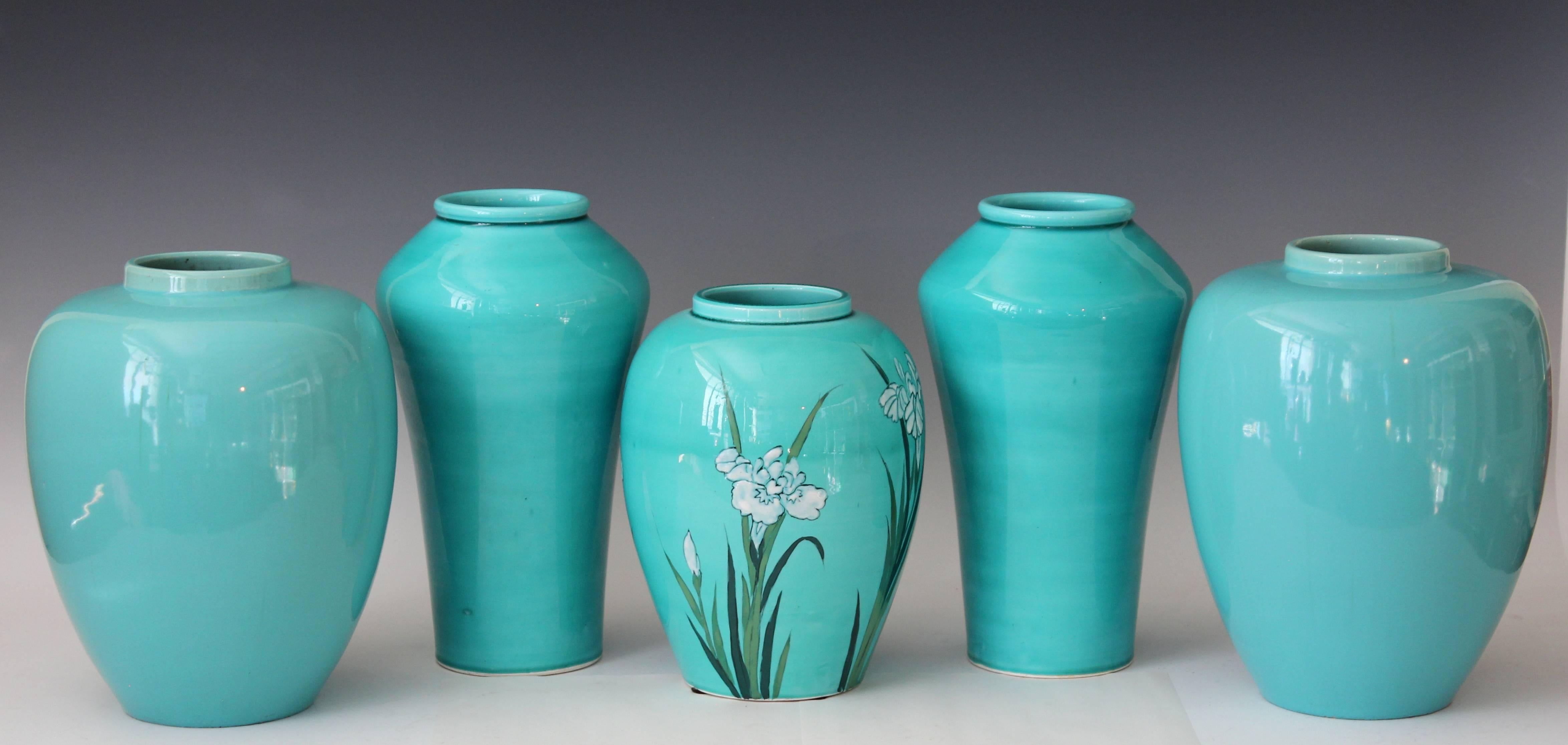Antique Pair of Slender Awaji Pottery Ginger Jar Turquoise Glaze Garniture Vases 2