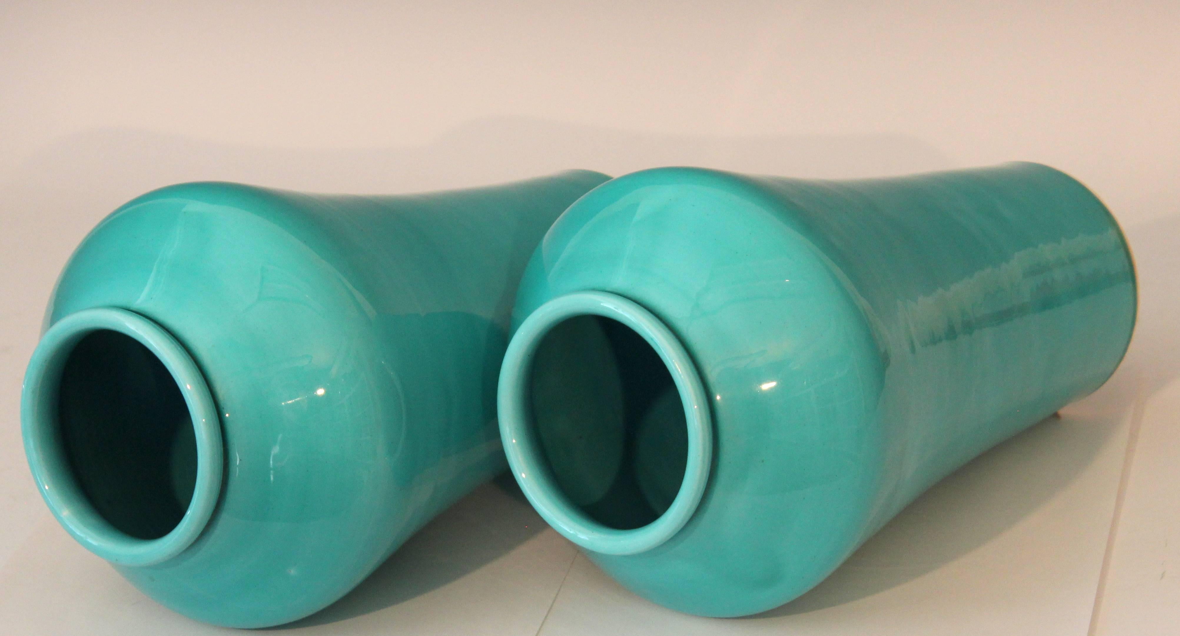 Art Nouveau Antique Pair of Slender Awaji Pottery Ginger Jar Turquoise Glaze Garniture Vases