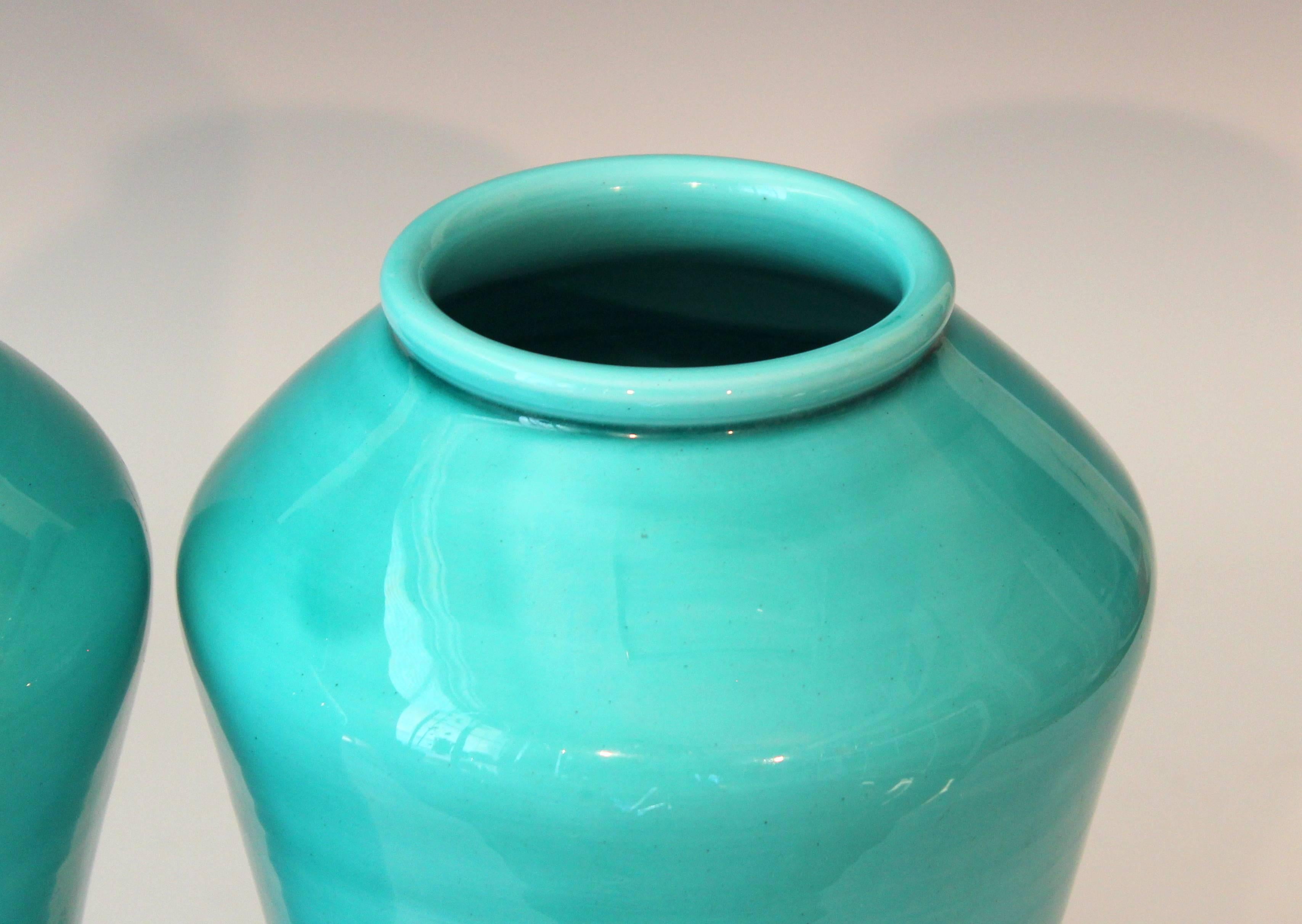 Early 20th Century Antique Pair of Slender Awaji Pottery Ginger Jar Turquoise Glaze Garniture Vases