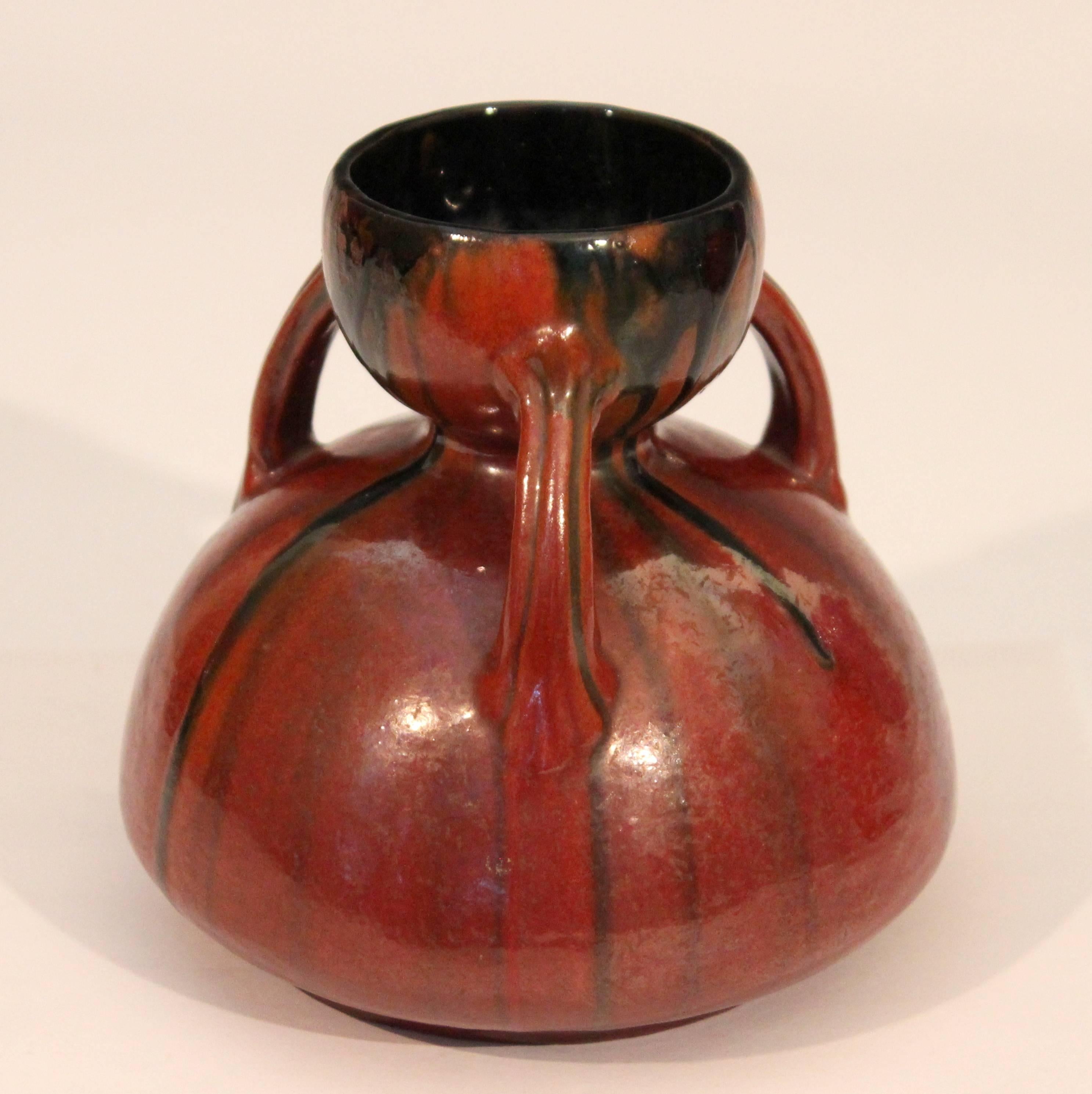 Vintage French Art Deco vase in gourd form with three handles and crystalline chrome orange drip glaze. Hand-turned in red clay with export mark and inventory number on base, circa 1930s. Measures: 5 1/4