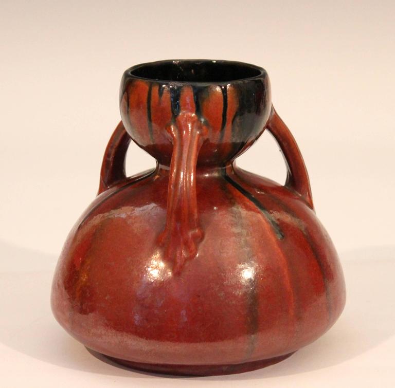 Vintage French Art Deco Pottery Chrome Orange Crystalline Drip Glaze Vase at 1stDibs