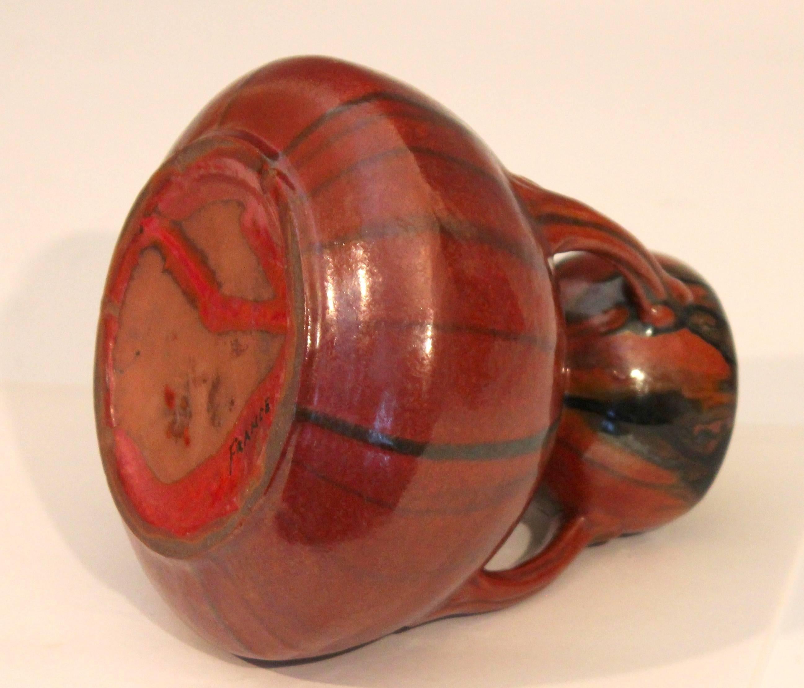 Turned Vintage French Art Deco Pottery Chrome Orange Crystalline Drip Glaze Vase