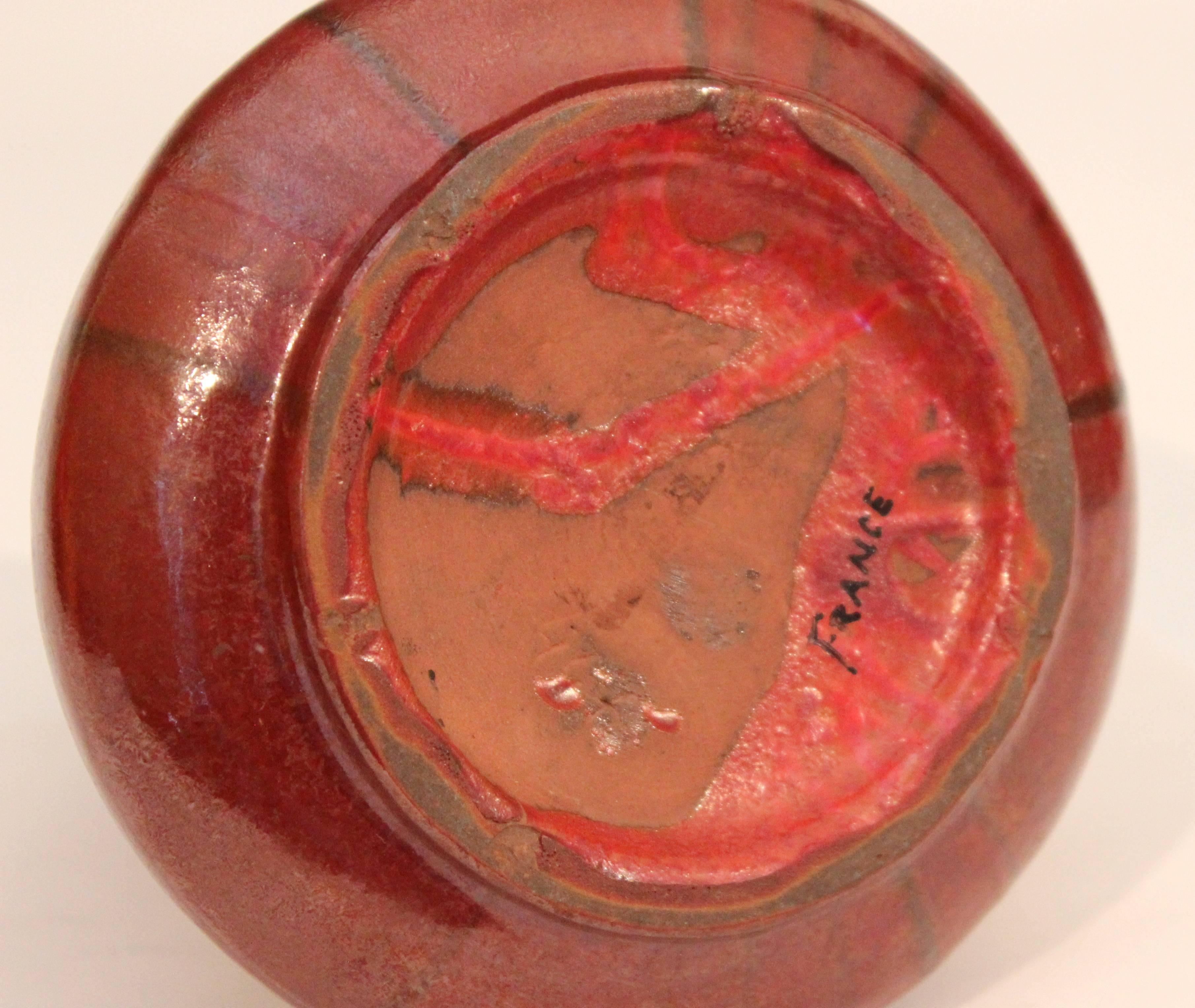 Vintage French Art Deco Pottery Chrome Orange Crystalline Drip Glaze Vase In Excellent Condition In Wilton, CT