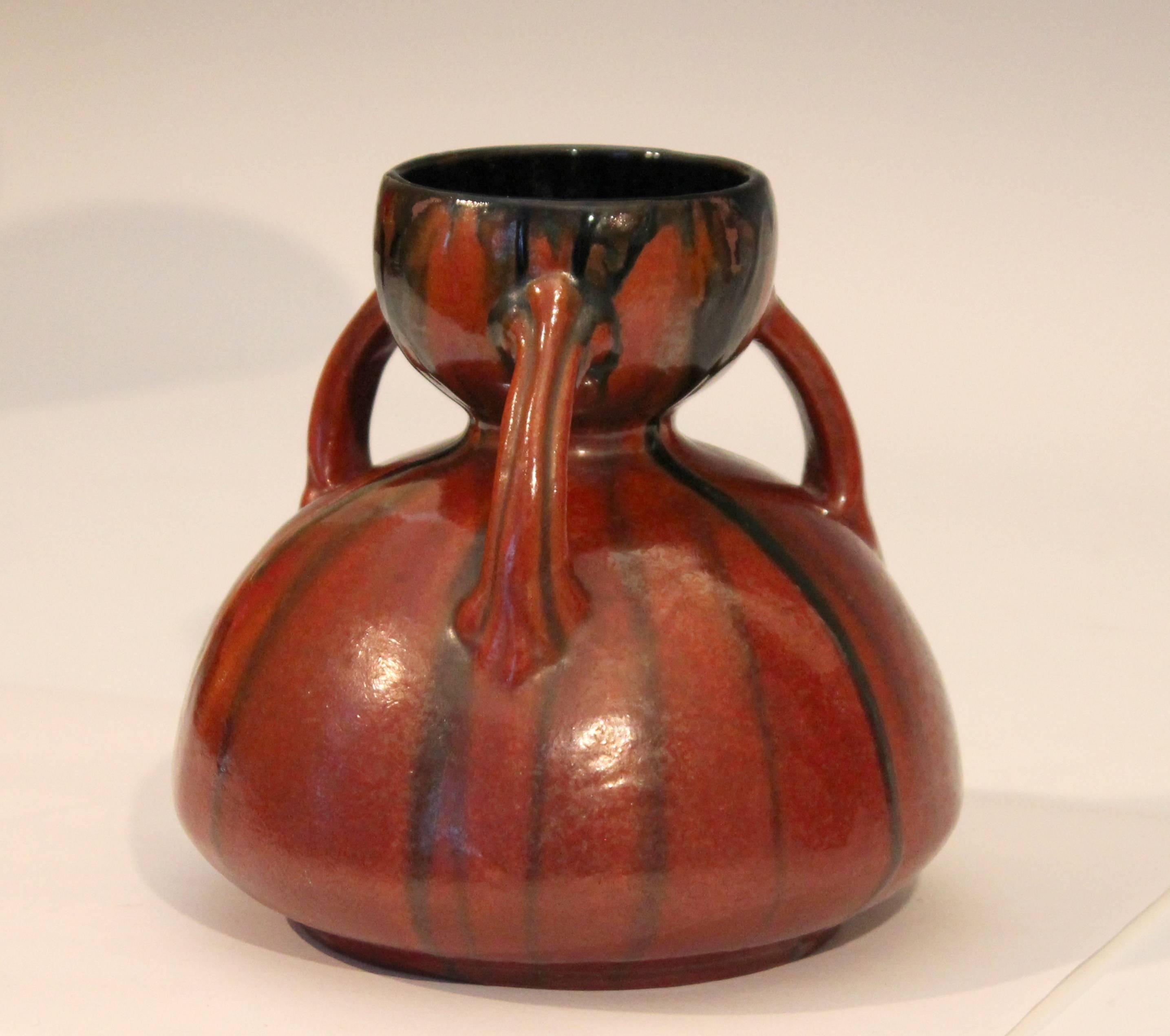 Mid-20th Century Vintage French Art Deco Pottery Chrome Orange Crystalline Drip Glaze Vase