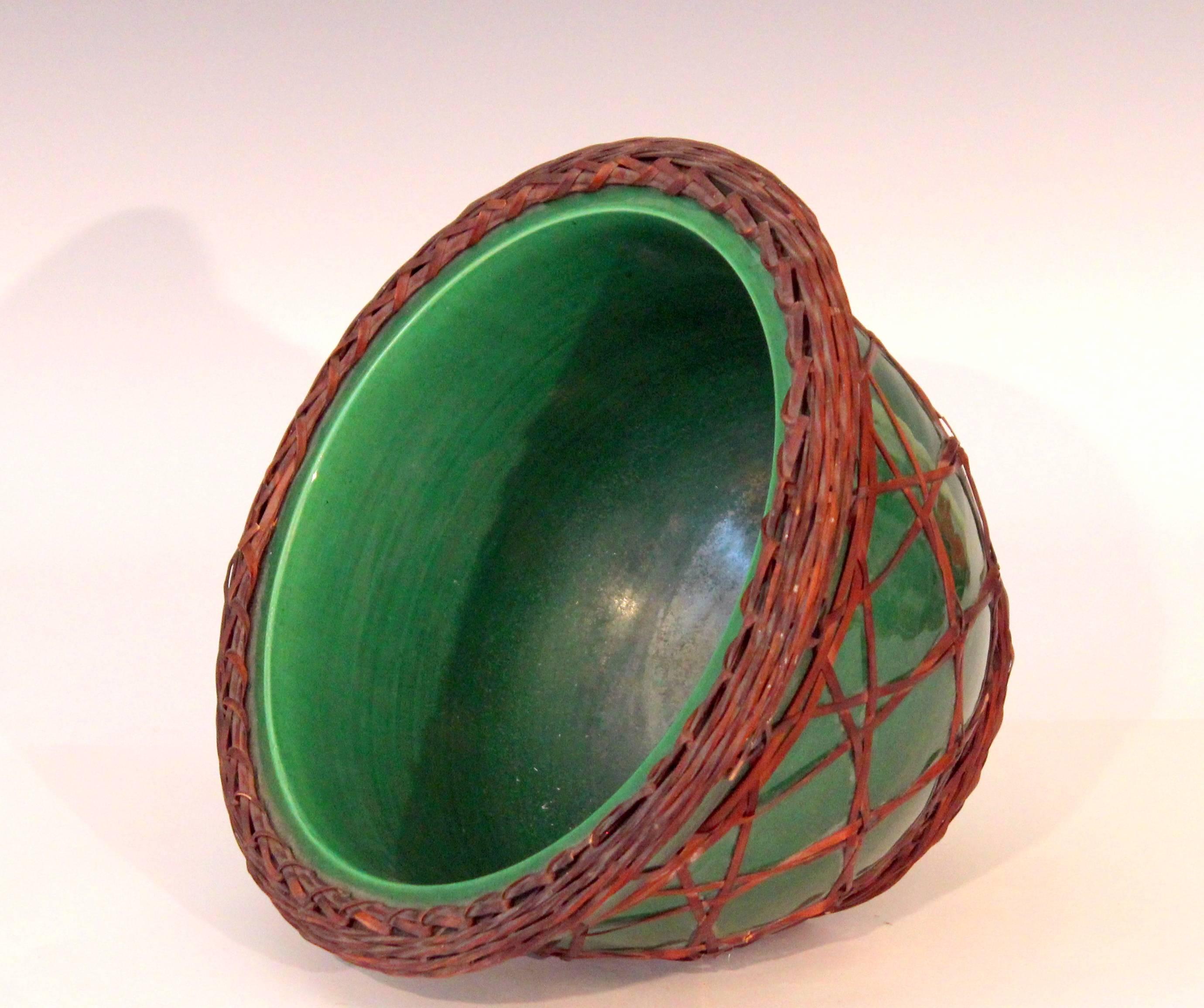 Turned Antique Japanese Awaji Pottery Bowl Wrapped with Split Bamboo Weaving