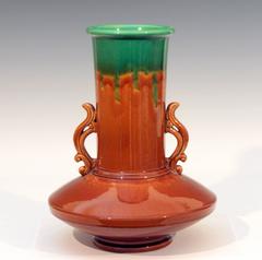 Awaji Pottery Art Deco Flambe Vase with Flame Handles