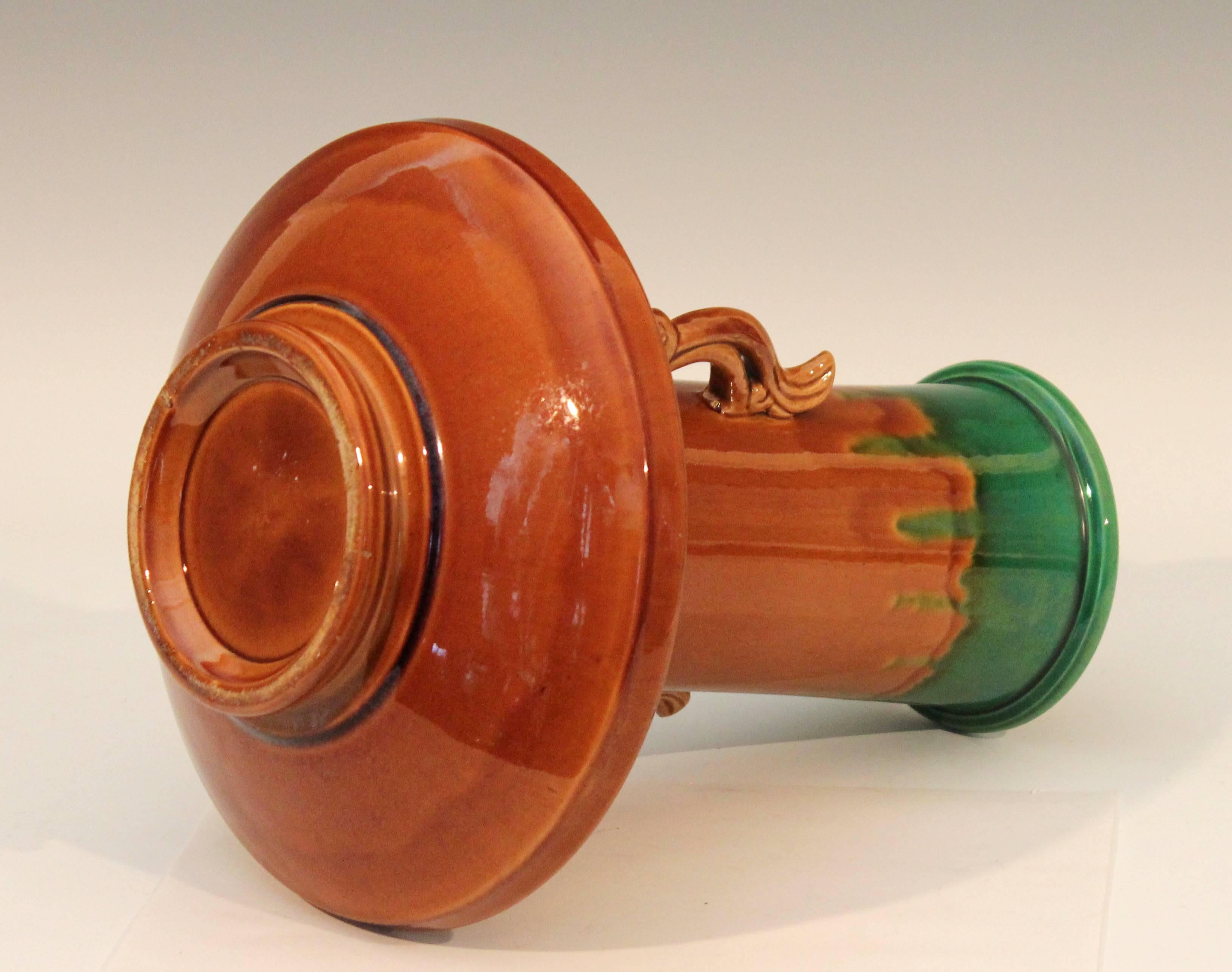 Japanese Awaji Pottery Art Deco Flambe Vase with Flame Handles