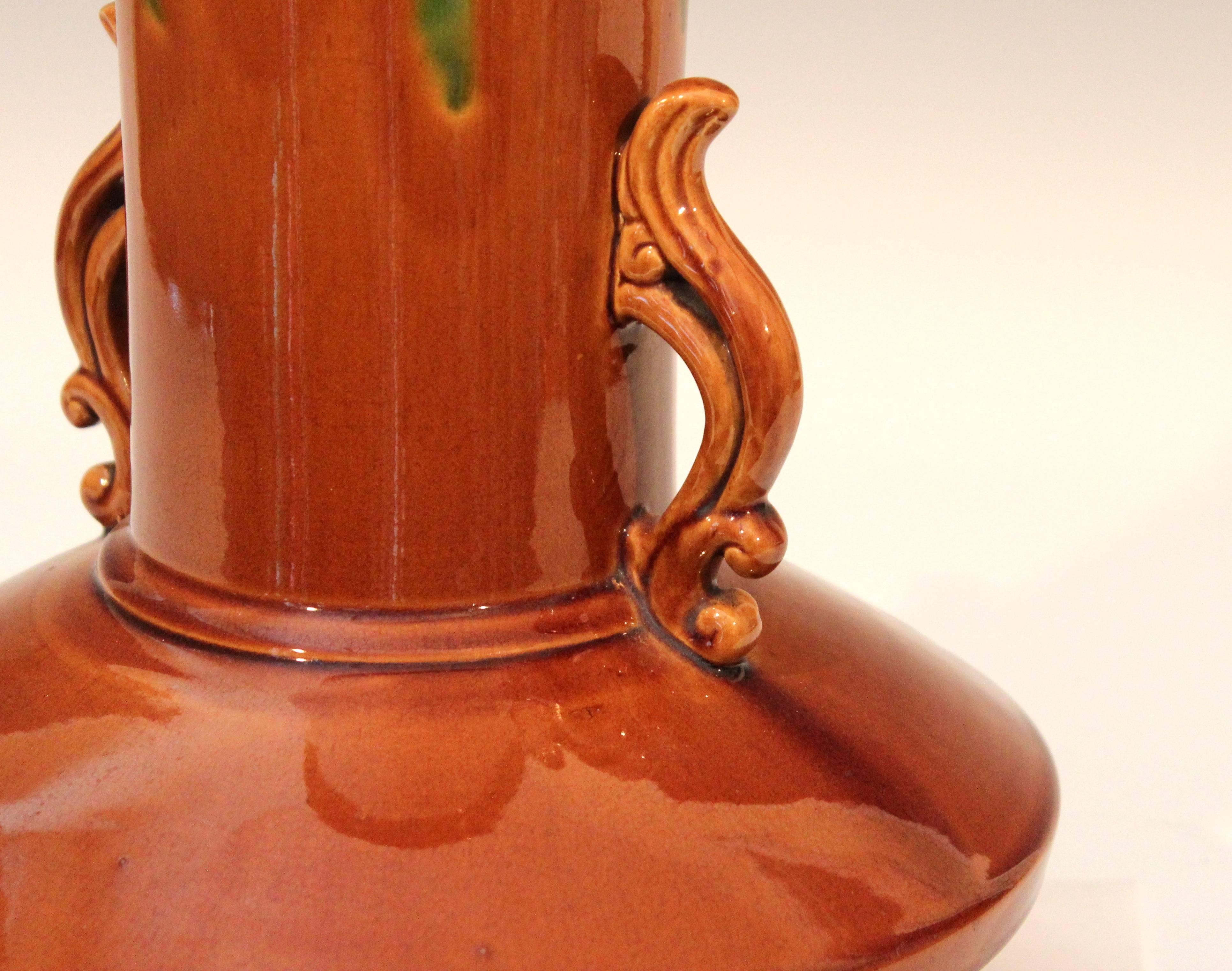 Awaji Pottery Art Deco Flambe Vase with Flame Handles In Excellent Condition In Wilton, CT