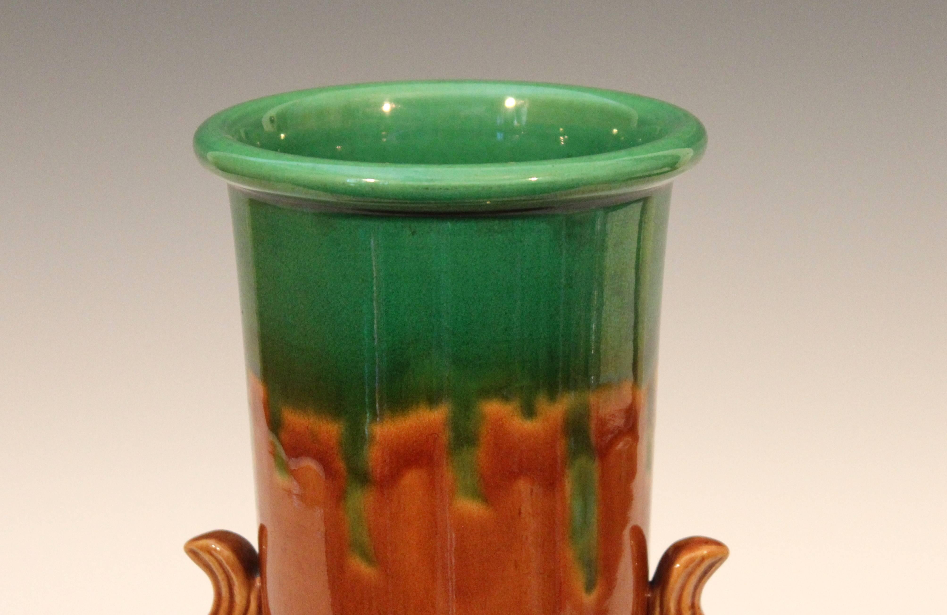 Early 20th Century Awaji Pottery Art Deco Flambe Vase with Flame Handles