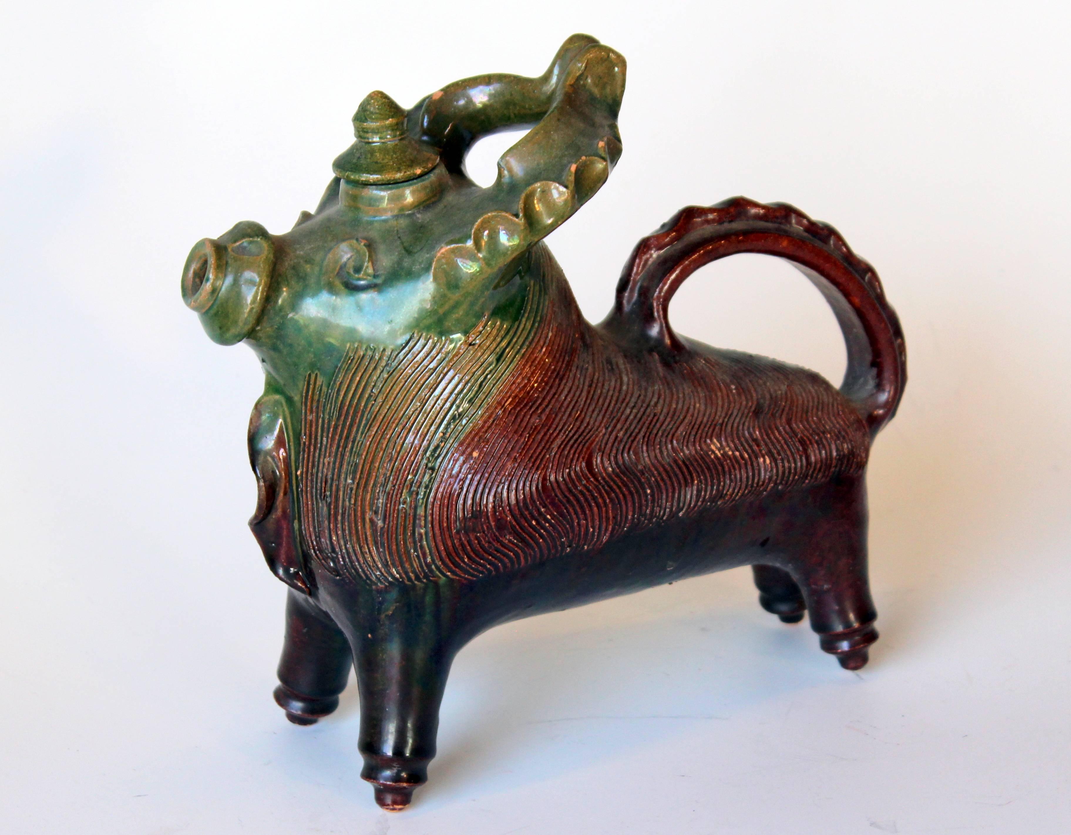 Stylized ram form Studio Pottery aquamanile pitcher, circa mid-late 20th century. Probably European origin. All hand formed with great combed texture 