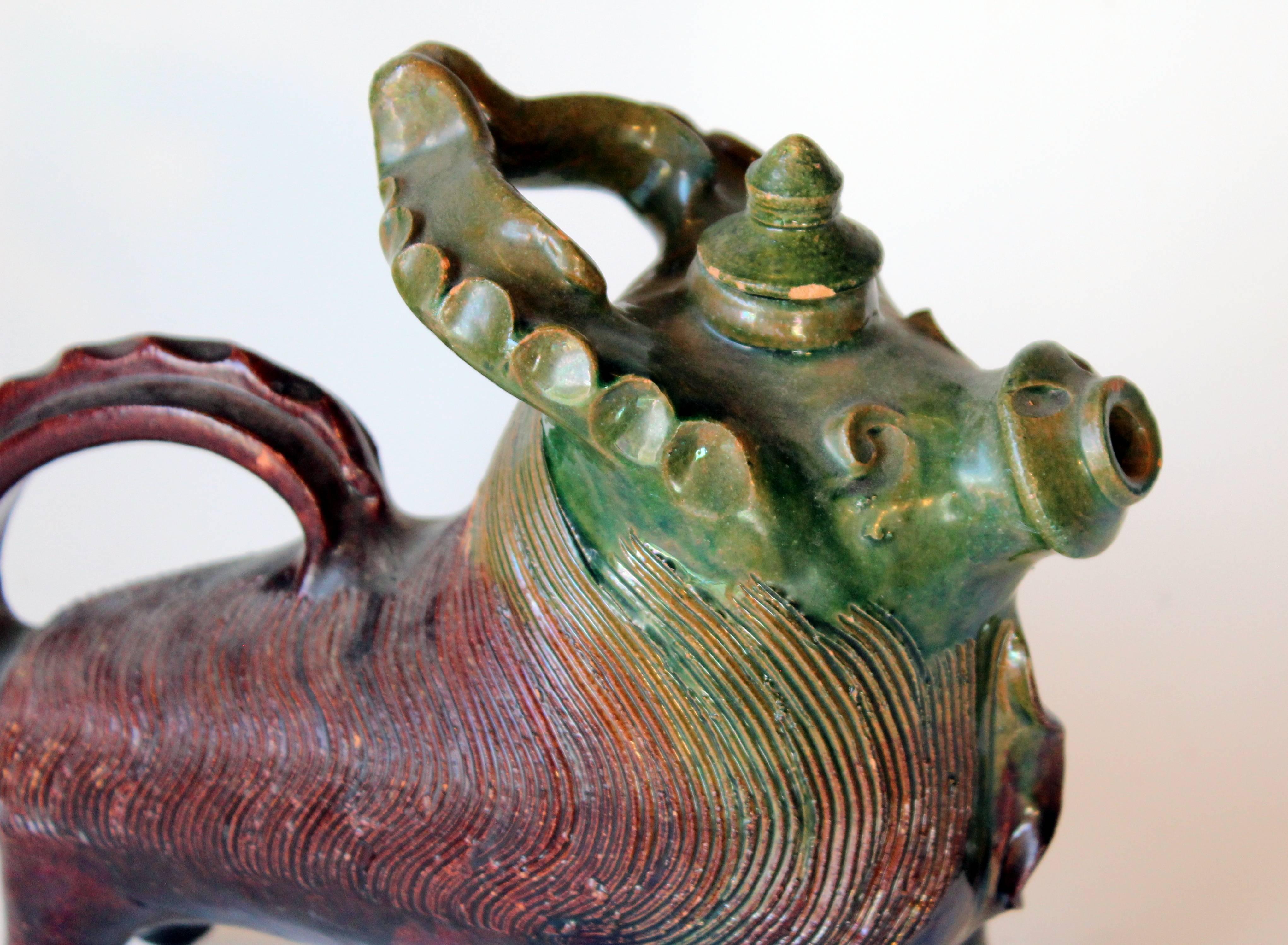 Old or Antique Studio Pottery Aquamanile Zoomorphic Ram Figure Vessel In Excellent Condition For Sale In Wilton, CT