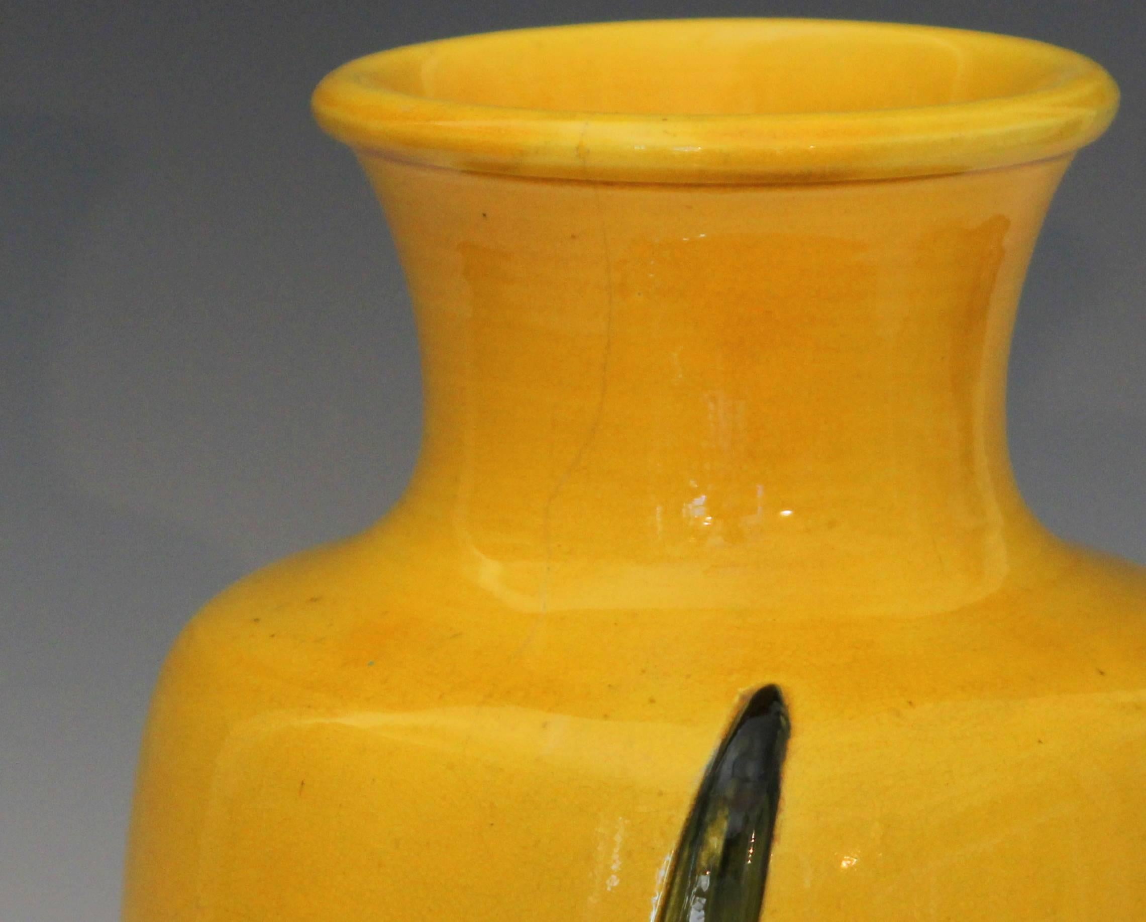 Antique Awaji Pottery Vase with Applied Irises on Yellow Ground In Excellent Condition In Wilton, CT