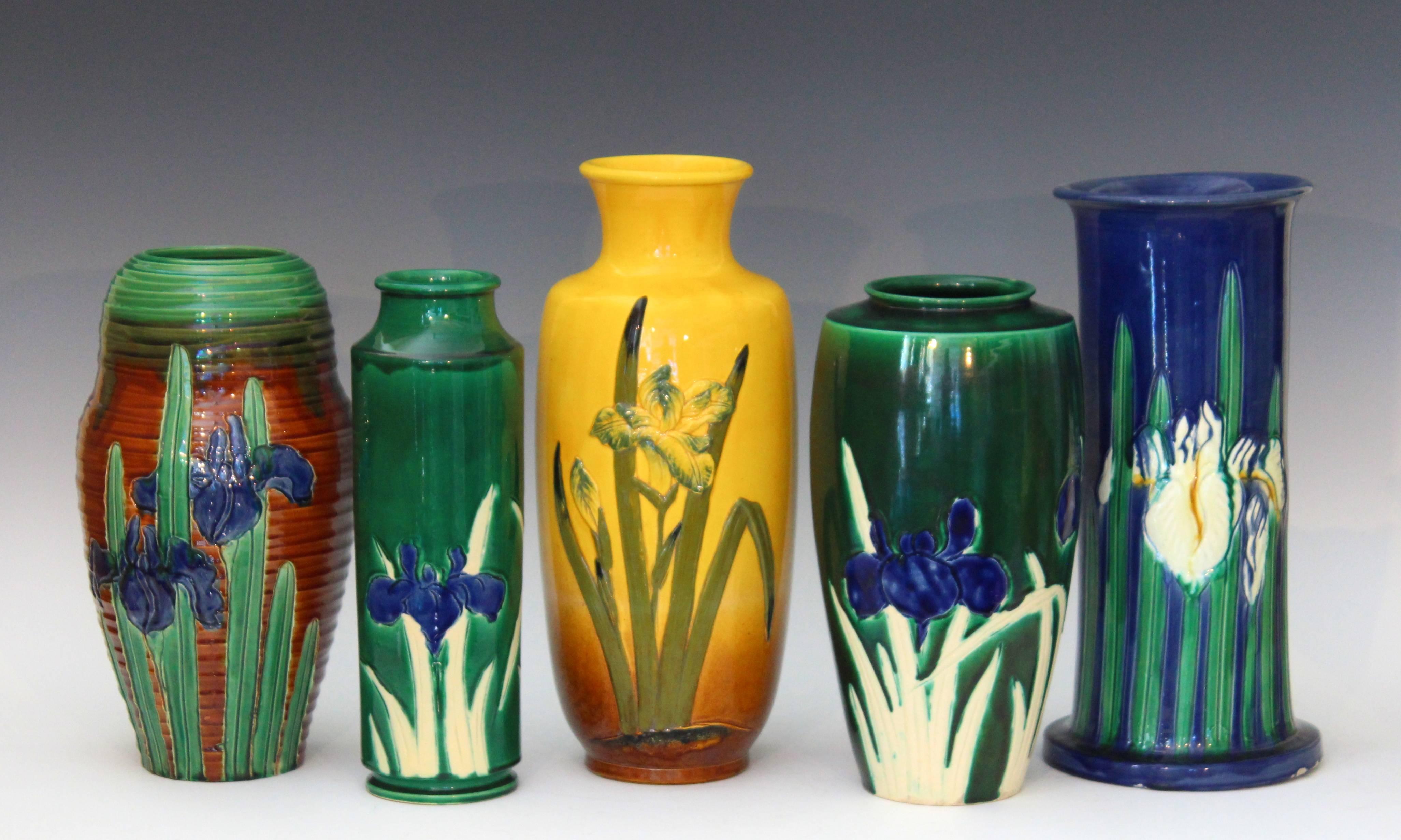 Antique Awaji Pottery Vase with Applied Irises on Yellow Ground 1