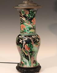 Antique Famille Noire Verte Chinese Porcelain Vase Lamp Kangxi Mark