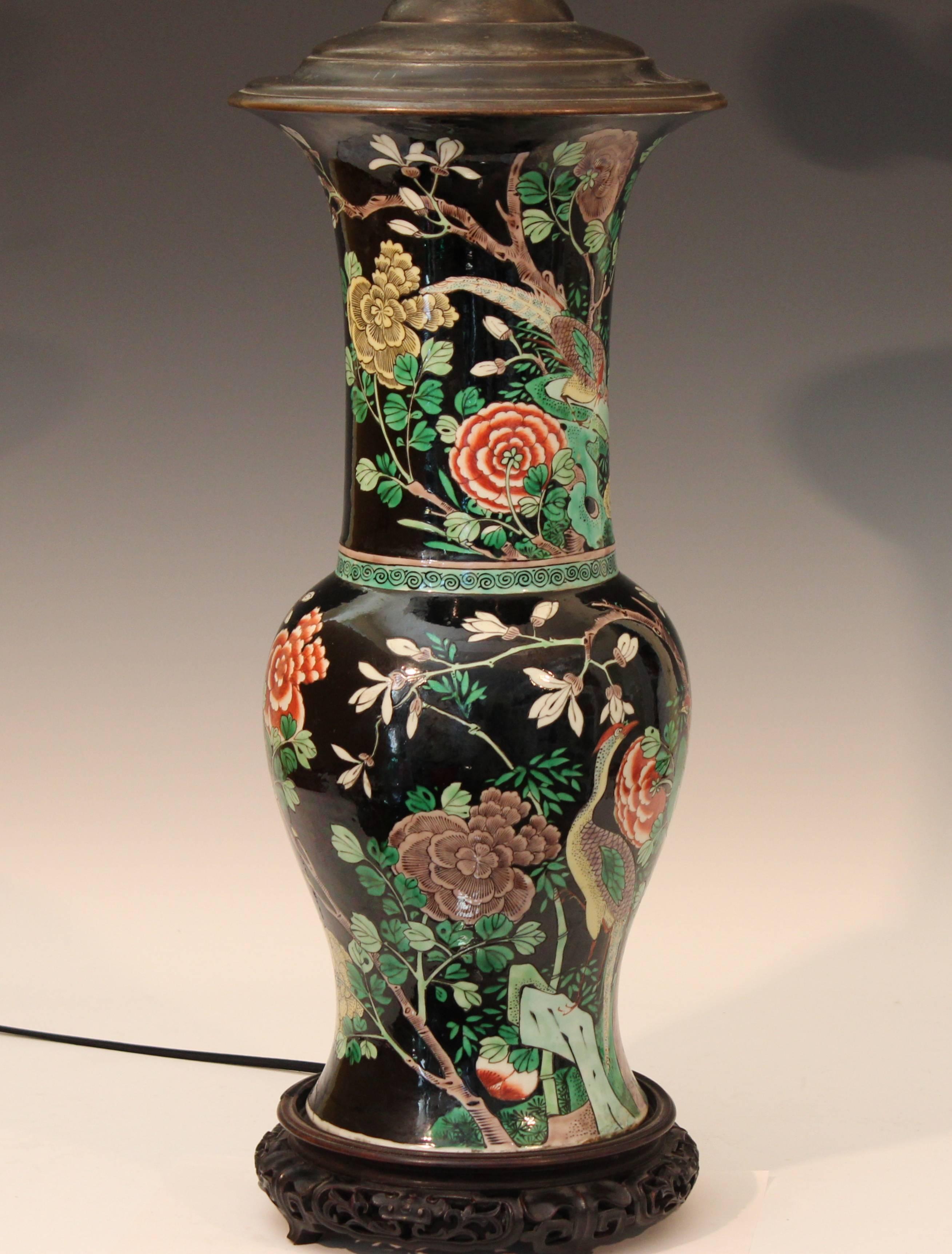 Antique Famille Noire Verte Chinese Porcelain Vase Lamp Kangxi Mark 1
