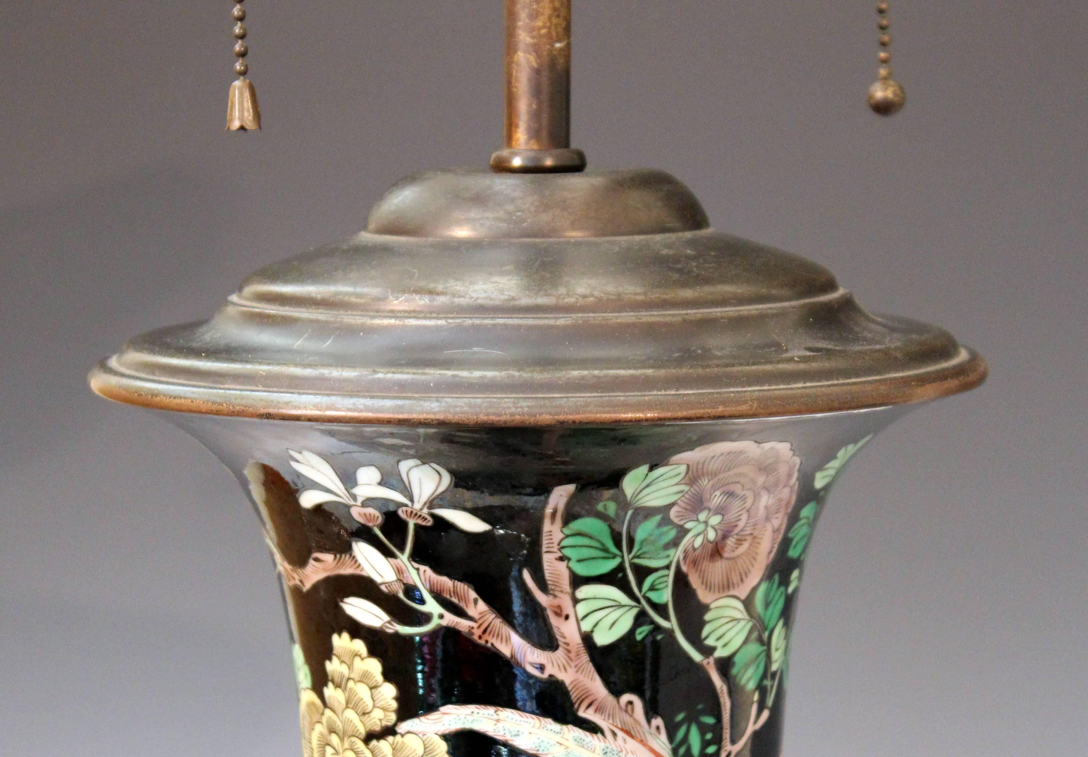 19th Century Antique Famille Noire Verte Chinese Porcelain Vase Lamp Kangxi Mark