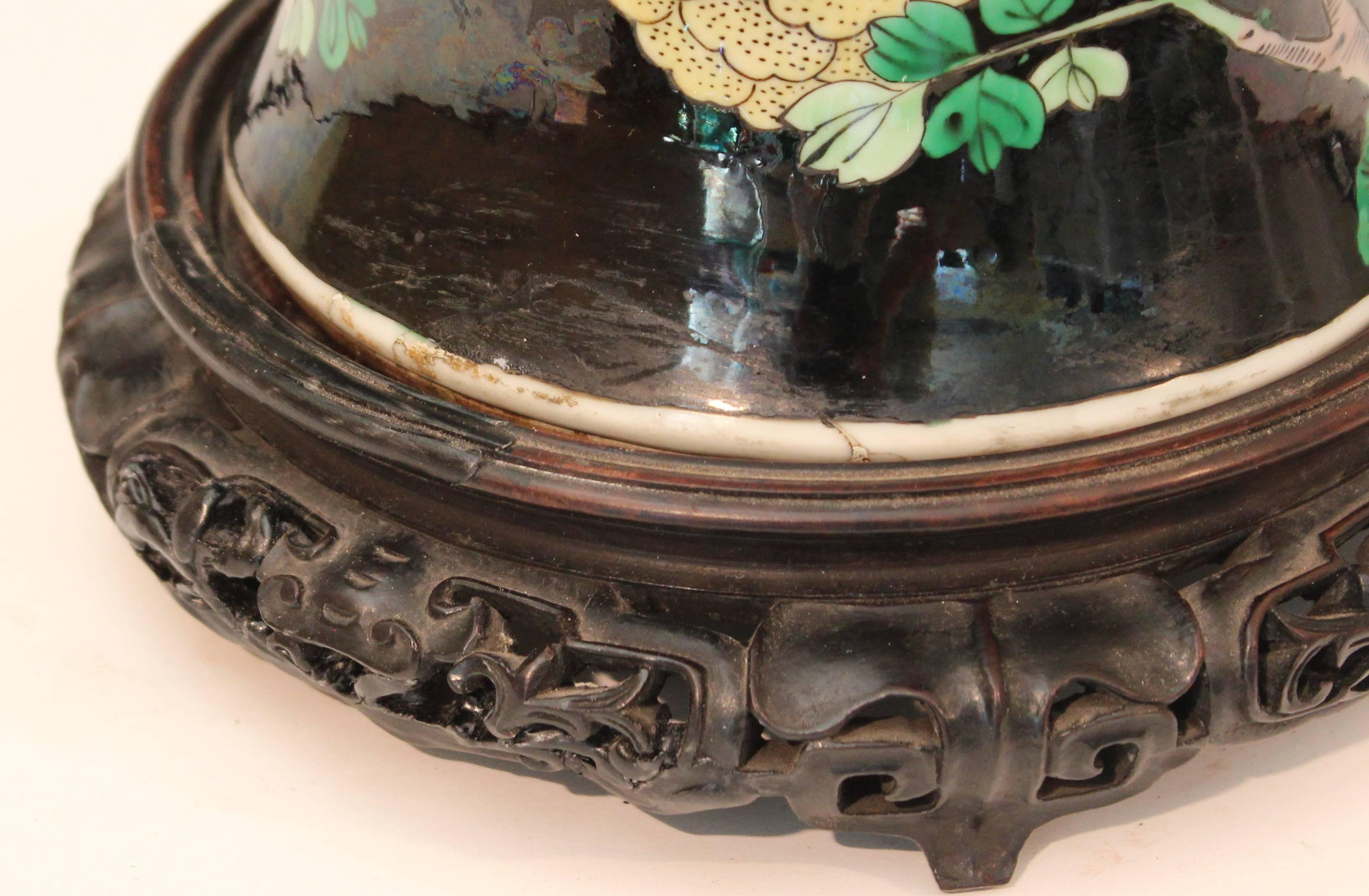 Qing Antique Famille Noire Verte Chinese Porcelain Vase Lamp Kangxi Mark